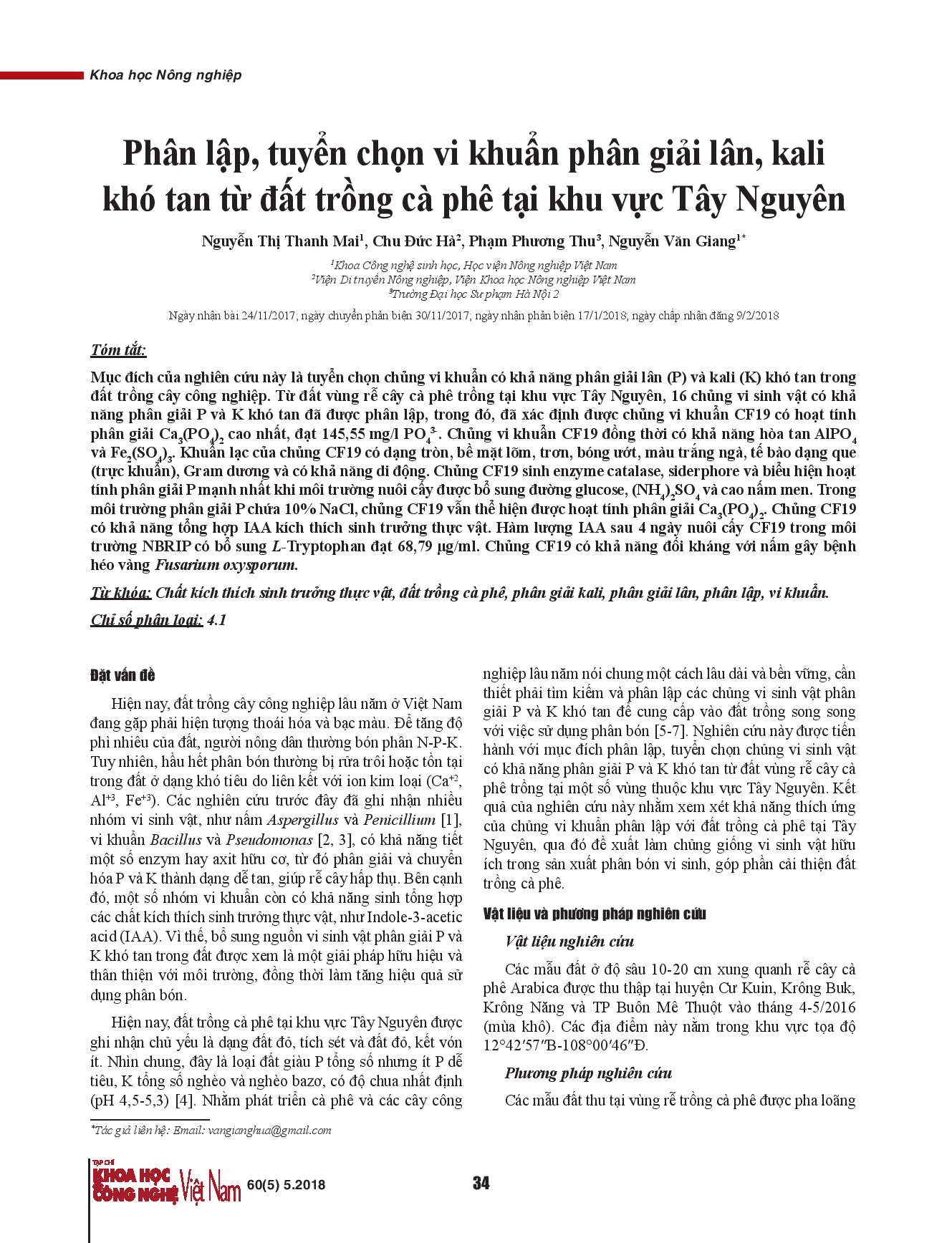 Phân lập, tuyển chọn vi khuẩn phân giải lân, kali khó tan từ đất trồng cà phê tại khu vực Tây Nguyên