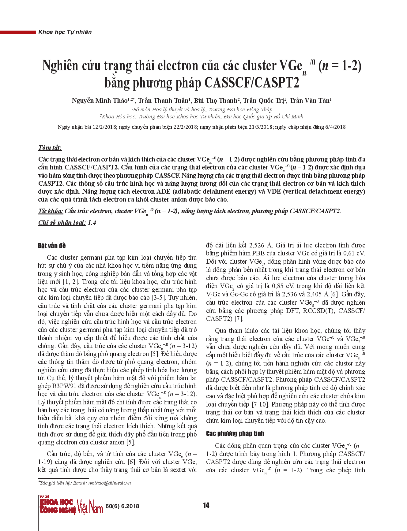 Nghiên cứu trạng thái electron của các cluster VGen–/0 (n = 1-2) bằng phương pháp CASSCF/CASPT2