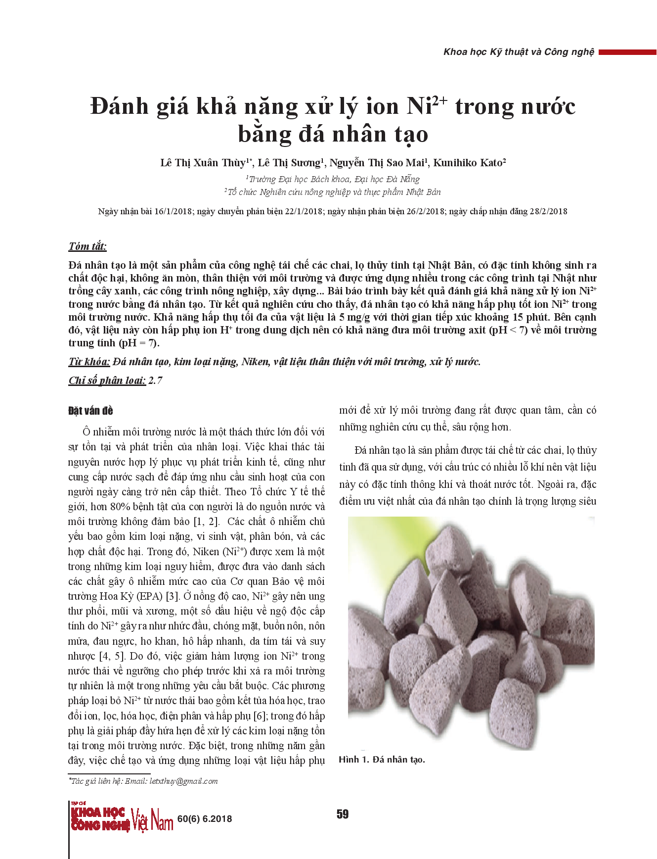 Đánh giá khả năng xử lý ion Ni2+ trong nước bằng đá nhân tạo