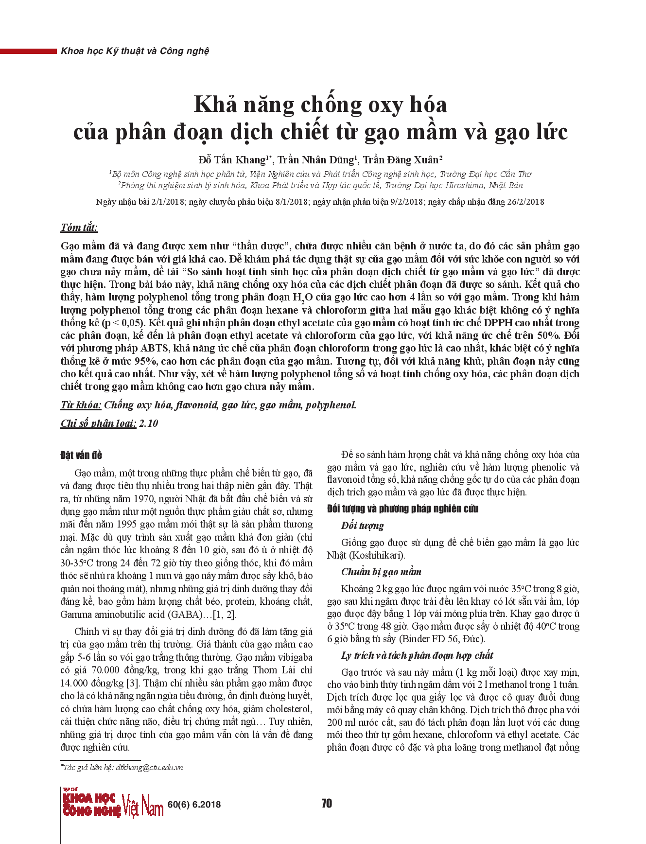 Khả năng chống oxy hóa của phân đoạn dịch chiết từ gạo mầm và gạo lức