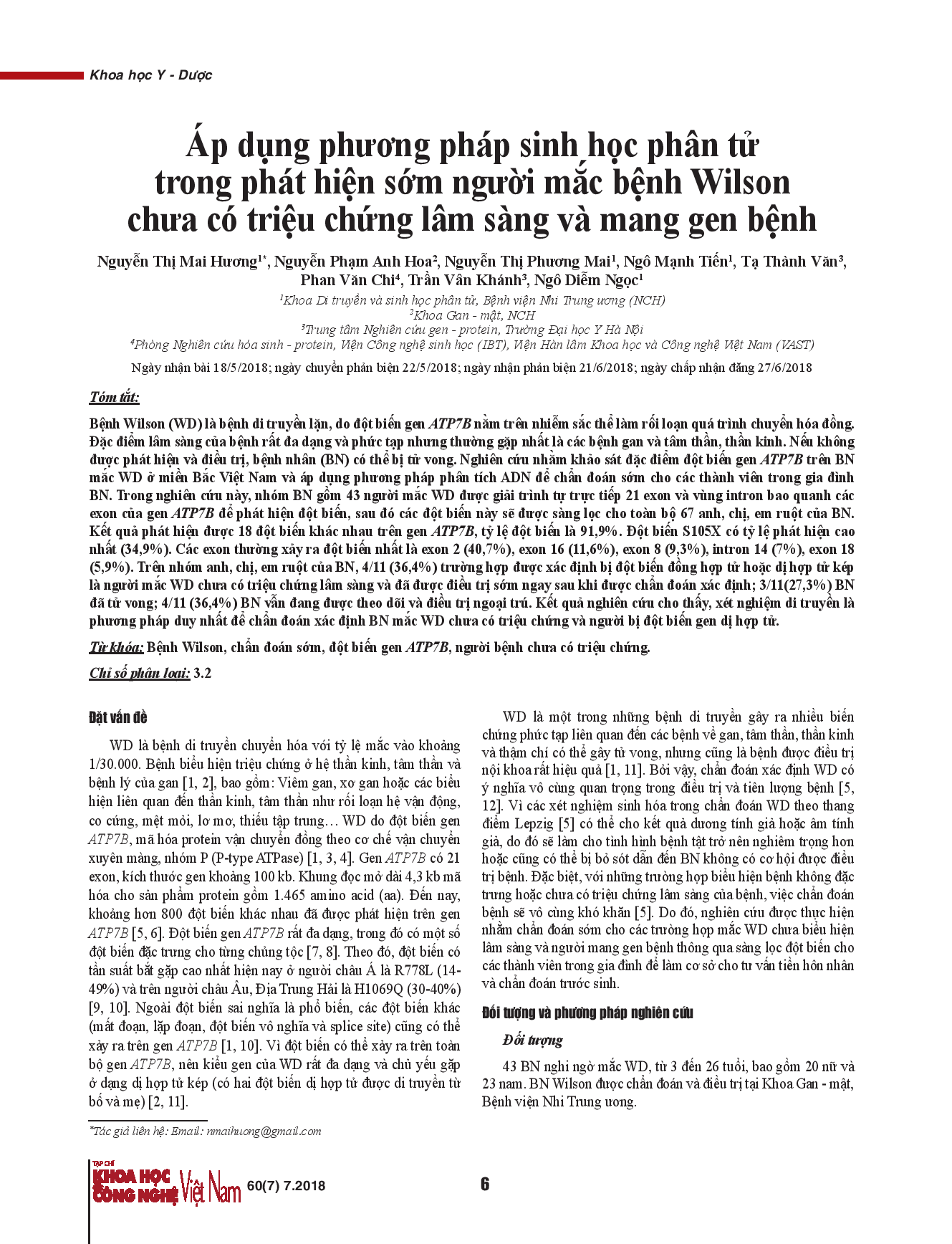 Áp dụng phương pháp sinh học phân tử trong phát hiện sớm người mắc bệnh Wilson chưa có triệu chứng lâm sàng và mang gen bệnh