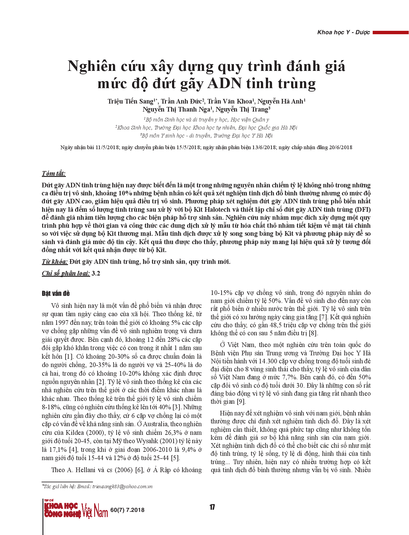 Nghiên cứu xây dựng quy trình đánh giá mức độ đứt gãy ADN tinh trùng