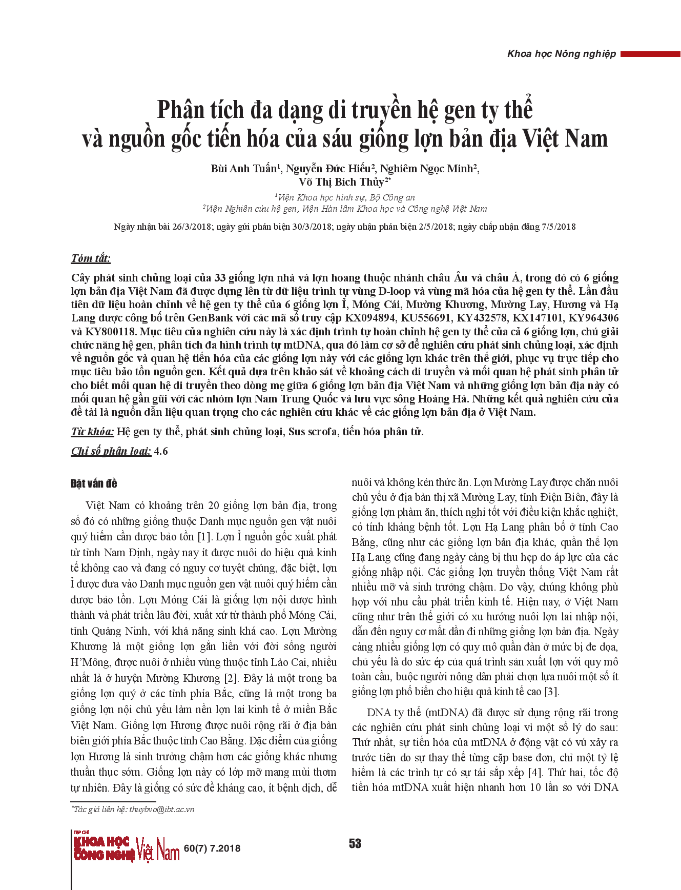 Phân tích đa dạng di truyền hệ gen ty thể và nguồn gốc tiến hóa của sáu giống lợn bản địa Việt Nam