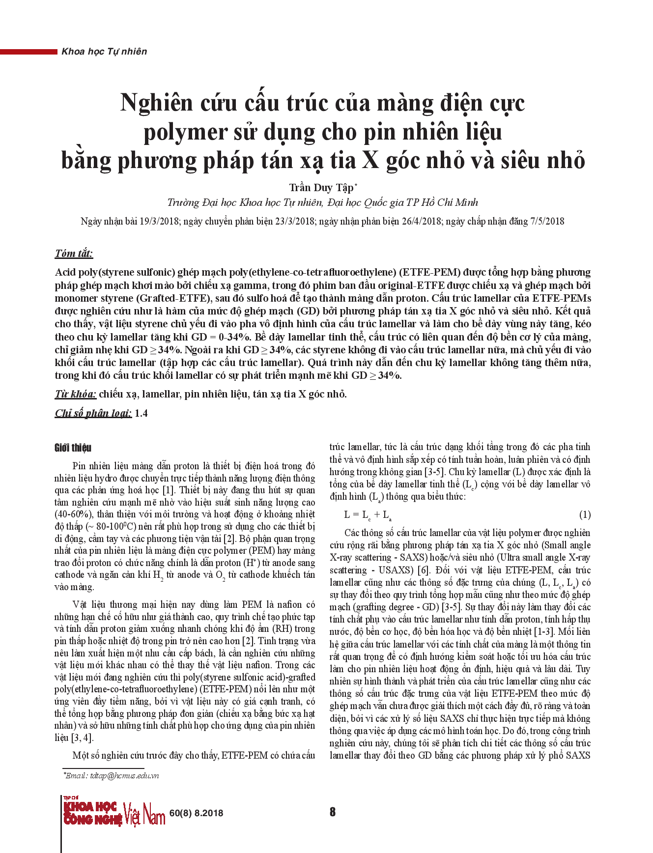 Nghiên cứu cấu trúc của màng điện cực polymer sử dụng cho pin nhiên liệu bằng phương pháp tán xạ tia X góc nhỏ và siêu nhỏ