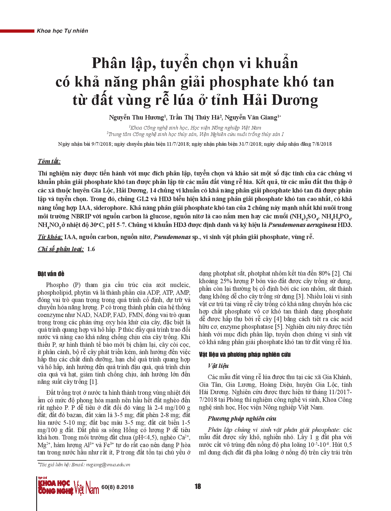 Phân lập, tuyển chọn vi khuẩn có khả năng phân giải phosphate khó tan từ đất vùng rễ lúa ở tỉnh Hải Dương