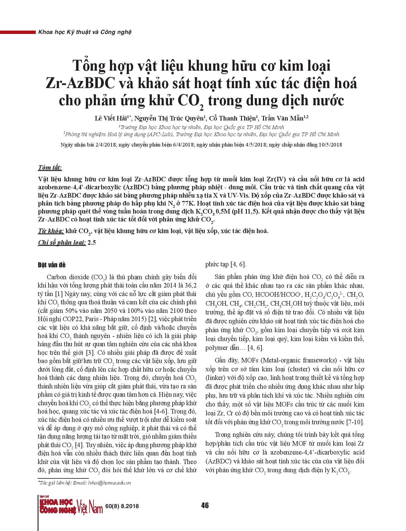 Tổng hợp vật liệu khung hữu cơ kim loại Zr-AzBDC và khảo sát hoạt tính xúc tác điện hoá cho phản ứng khử CO2 trong dung dịch nước