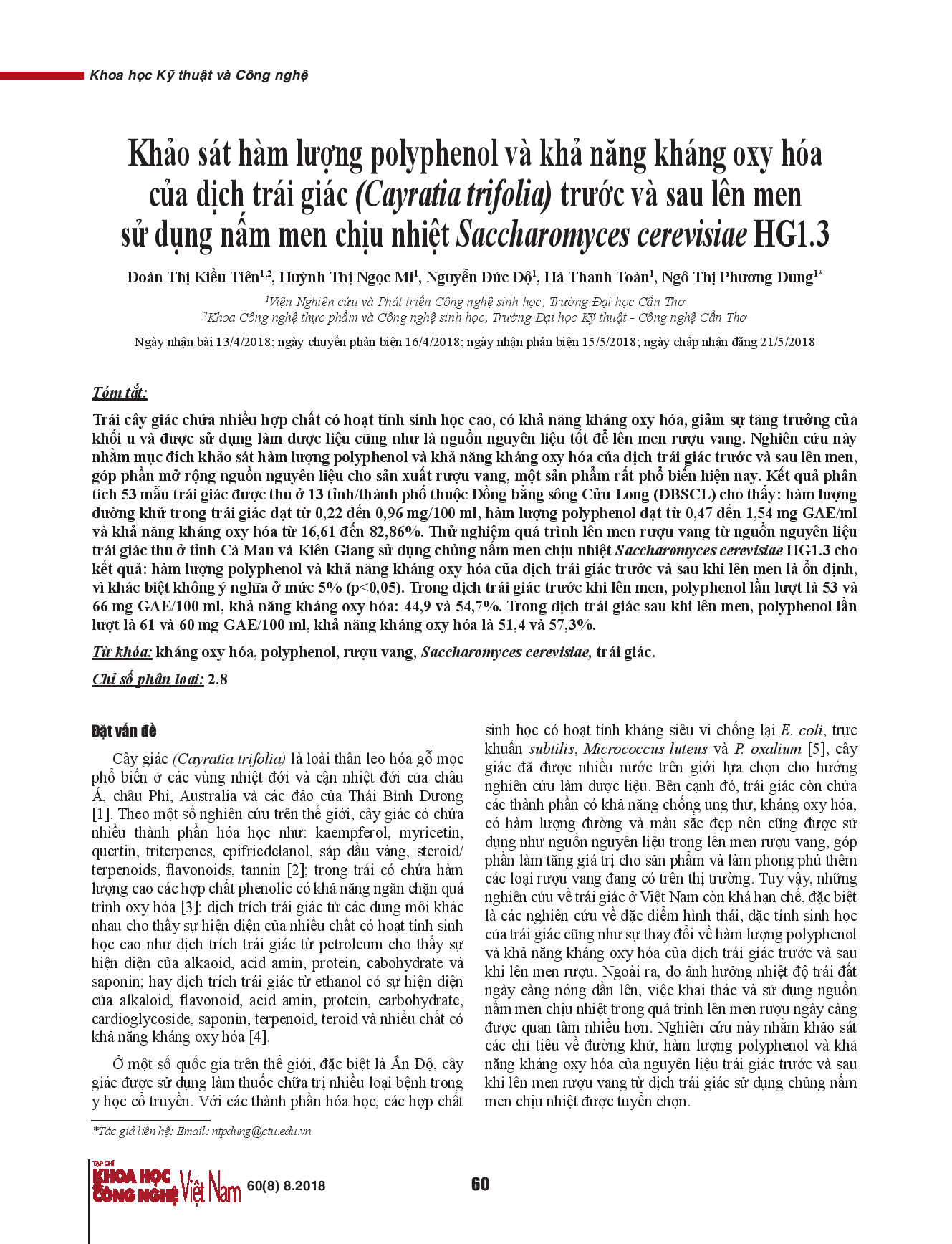 Khảo sát hàm lượng polyphenol và khả năng kháng oxy hóa của dịch trái giác (Cayratia trifolia) trước và sau lên men sử dụng nấm men chịu nhiệt Saccharomyces cerevisiae HG1.3.
