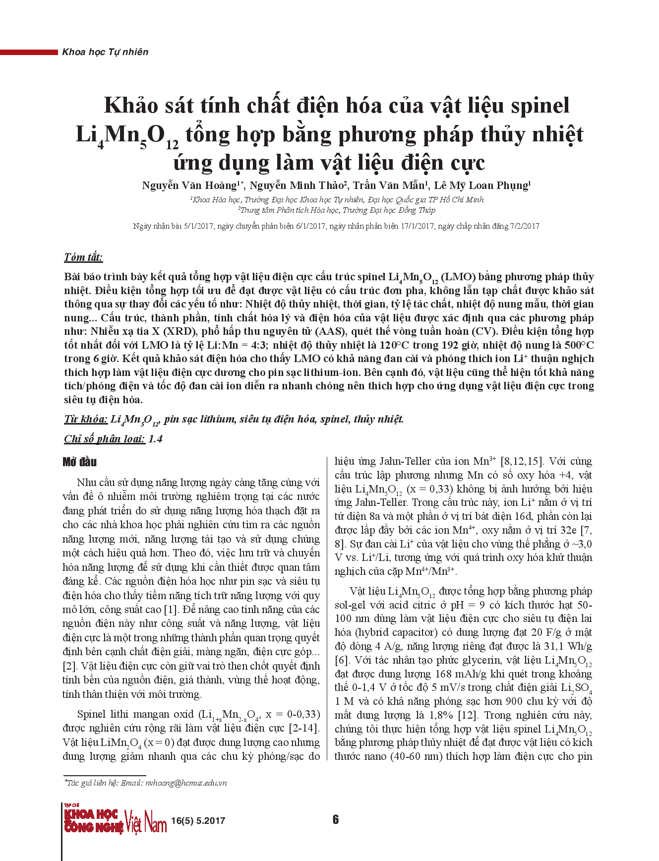 Khảo sát tính chất điện hóa của vật liệu spinel Li4Mn5O12 tổng hợp bằng phương pháp thủy nhiệt ứng dụng làm vật liệu điện cực