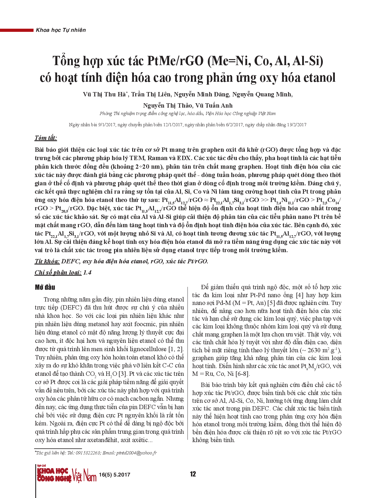 Tổng hợp xúc tác PtMe/rGO (Me=Ni, Co, Al, Al-Si) có hoạt tính điện hóa cao trong phản ứng oxy hóa ethanol