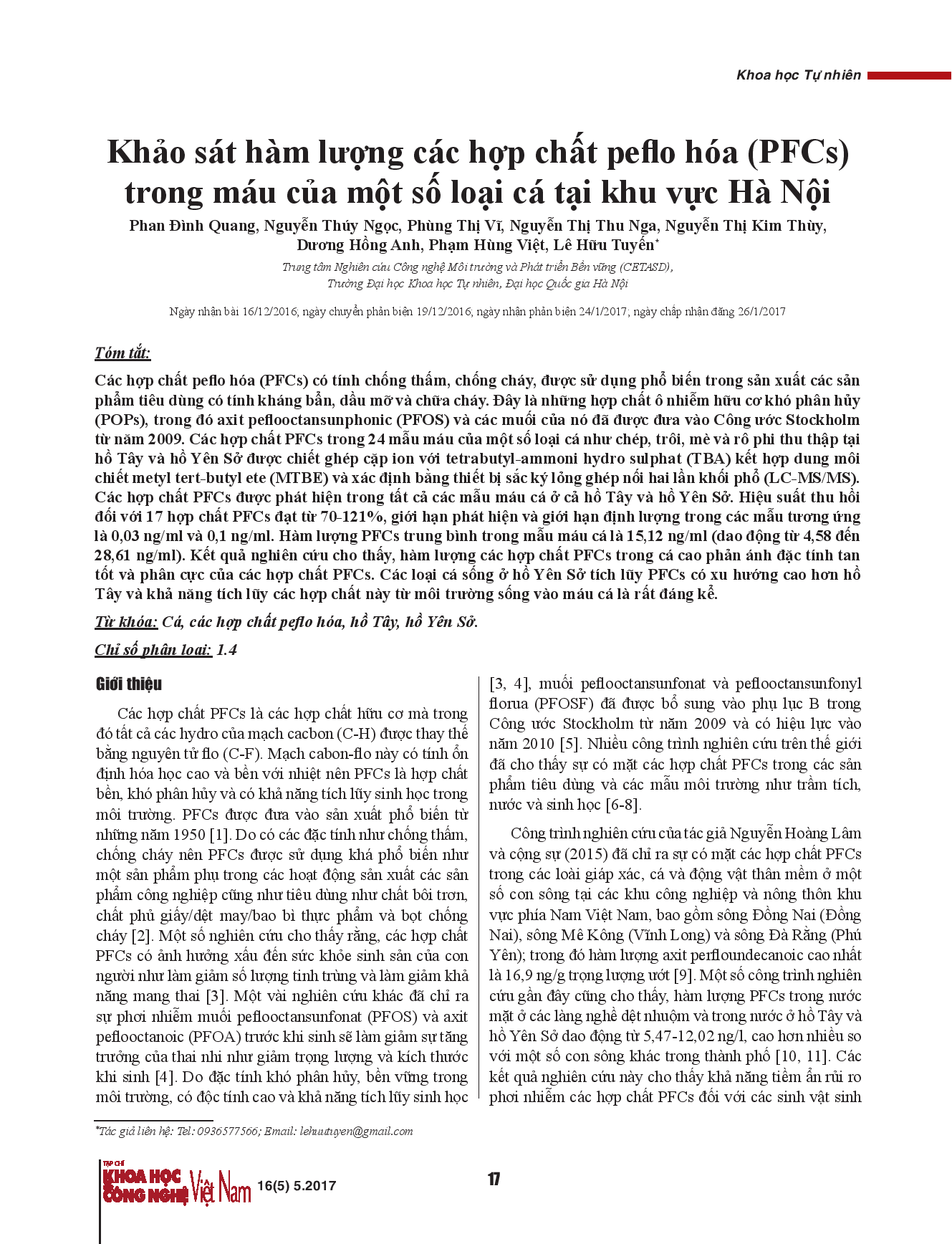 Khảo sát hàm lượng các hợp chất peflo hóa (PFCs) trong máu của một số loại cá tại khu vực Hà Nội