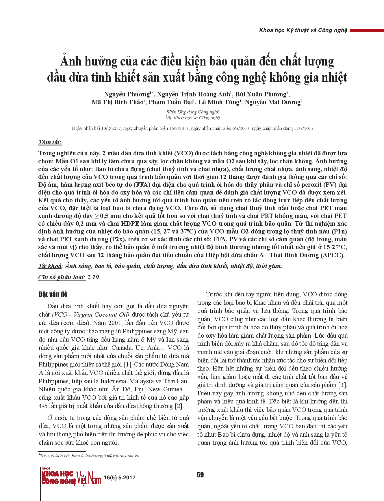 Ảnh hưởng của các điều kiện bảo quản đến chất lượng dầu dừa tinh khiết sản xuất bằng công nghệ không gia nhiệt