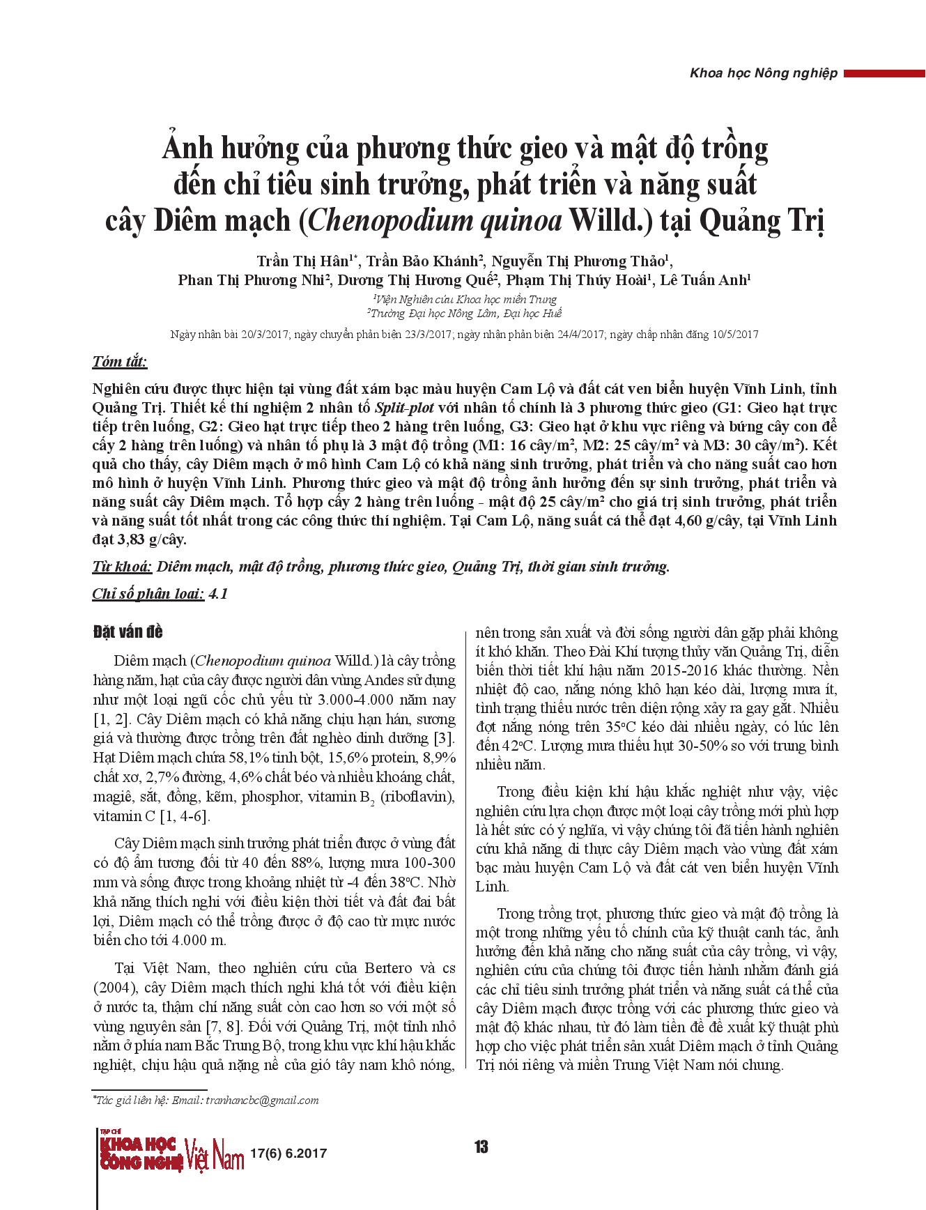 Ảnh hưởng của phương thức gieo và mật độ trồng đến chỉ tiêu sinh trưởng, phát triển và năng suất cây Diêm mạch (Chenopodium quinoa Willd.) tại Quảng Trị