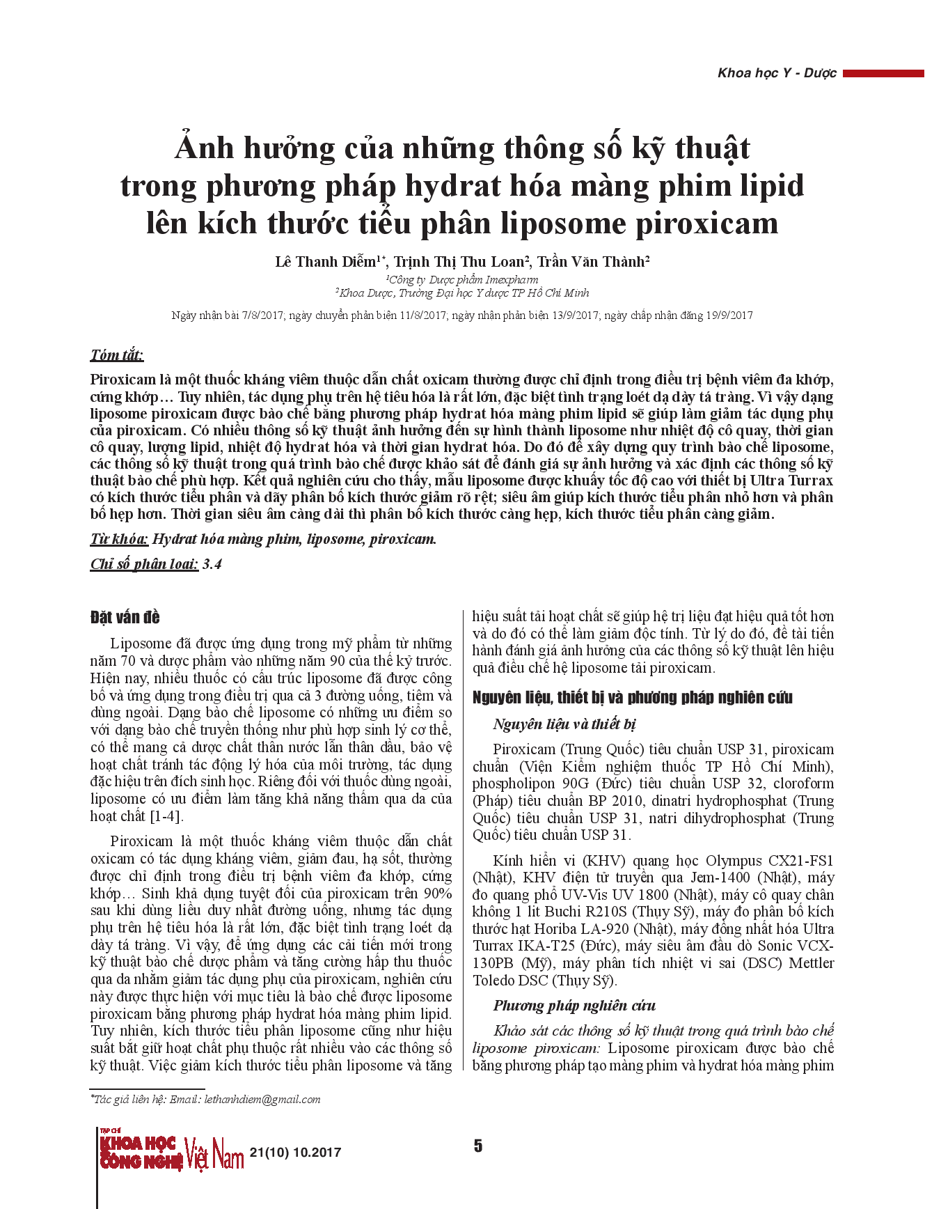 Ảnh hưởng của những thông số kỹ thuật trong phương pháp hydrat hóa màng phim lipid lên kích thước tiểu phân liposome piroxicam