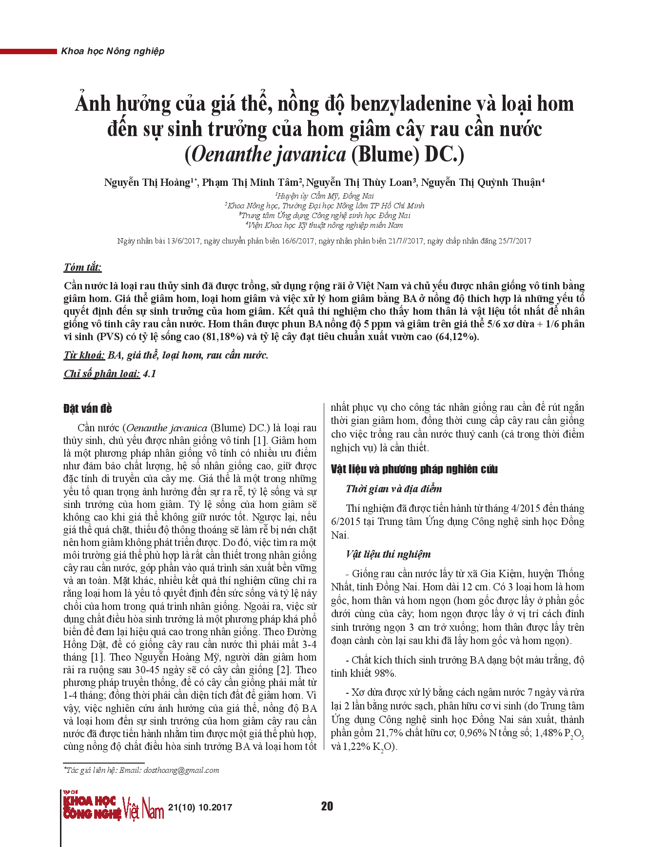 Ảnh hưởng của giá thể, nồng độ benzyladenine và loại hom đến sự sinh trưởng của hom giâm cây rau cần nước (Oenanthe javanica (Blume) DC.)