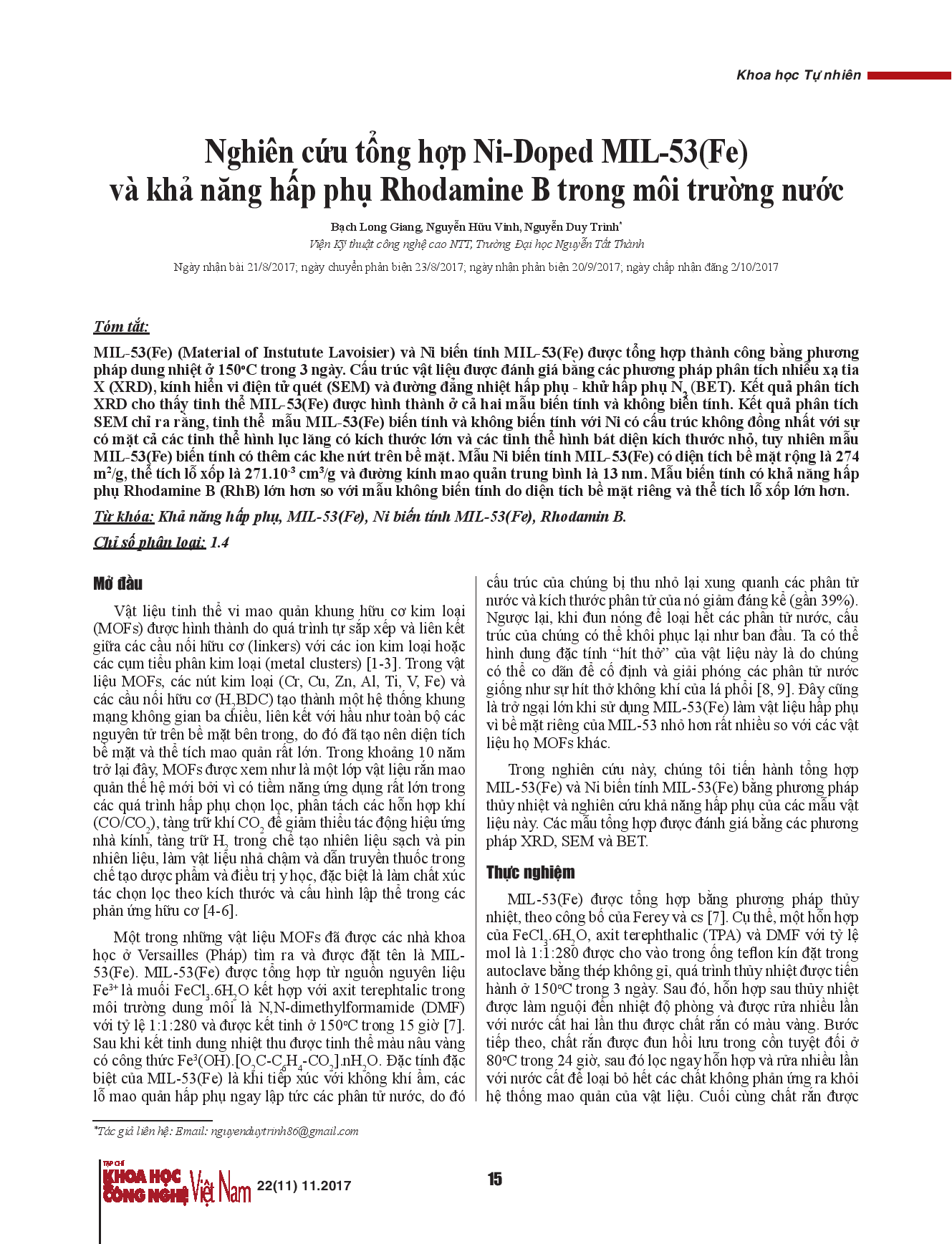 Nghiên cứu tổng hợp Ni-Doped MIL-53(Fe) và khả năng hấp phụ Rhodamine B trong môi trường nước