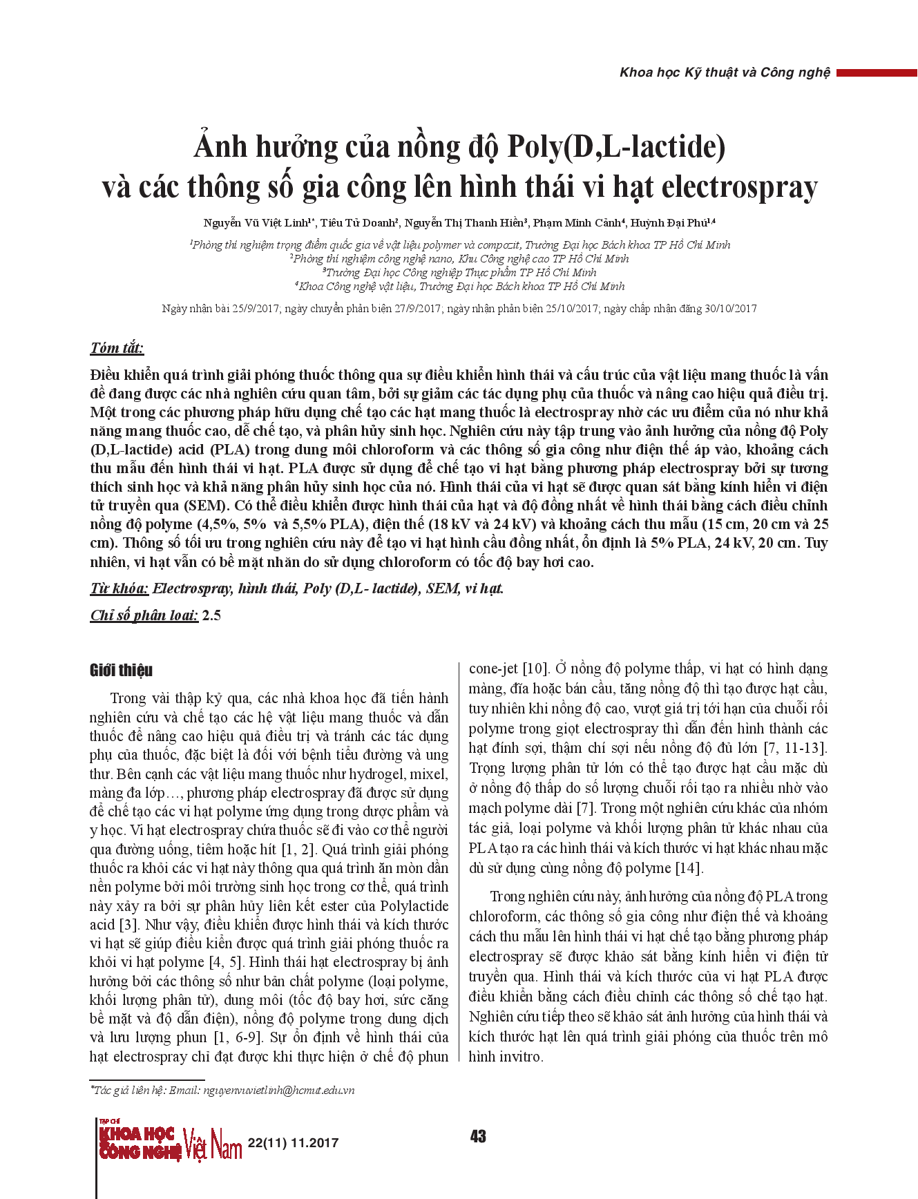 Ảnh hưởng của nồng độ Poly(D,L-Lactide) và các thông số gia công lên hình thái vi hạt Electrospray