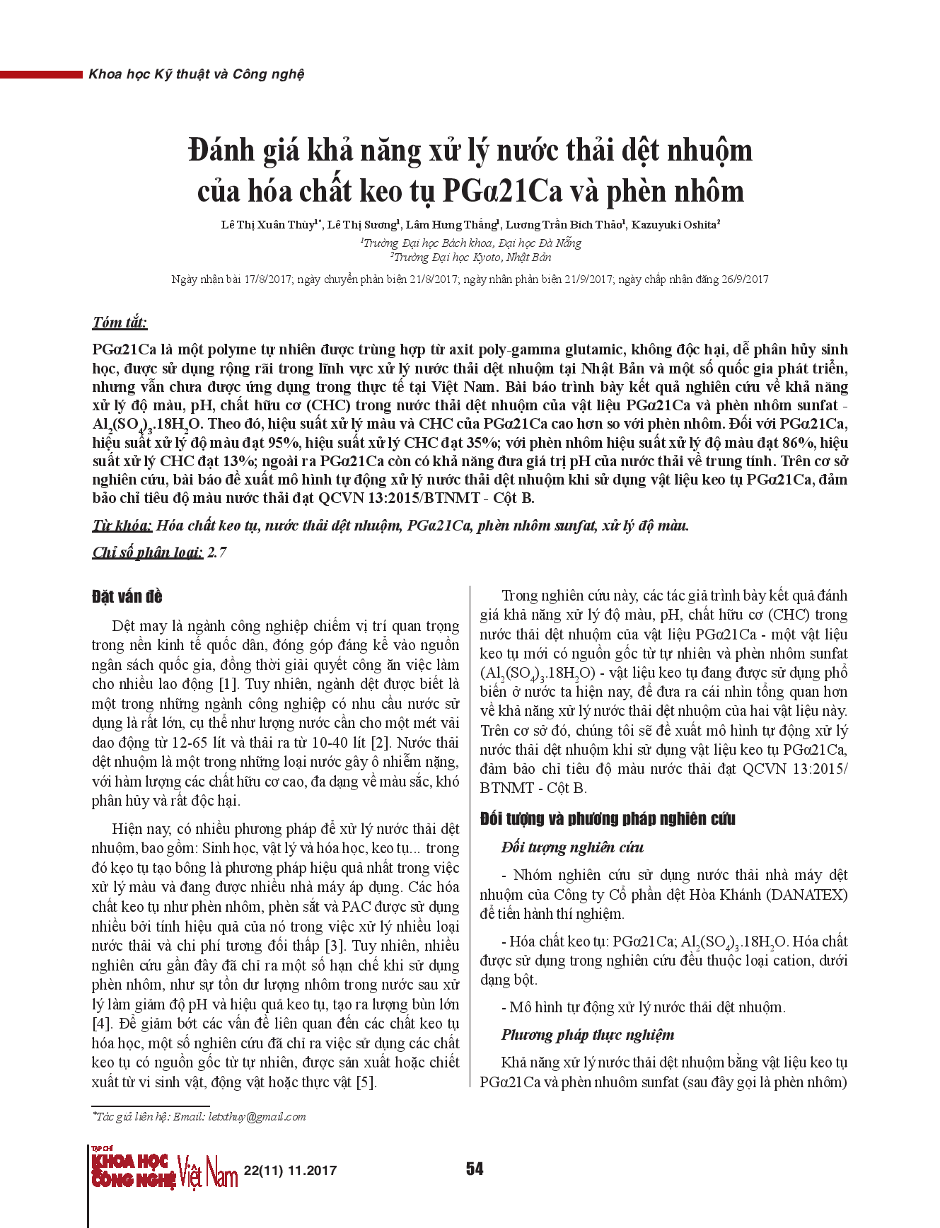 Đánh giá khả năng xử lý nước thải dệt nhuộm của hóa chất keo tụ PGα21Ca và phèn nhôm