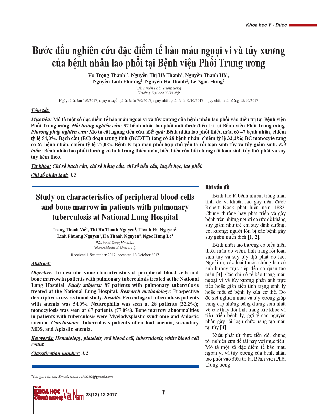 Bước đầu nghiên cứu đặc điểm tế bào máu ngoại vi và tủy xương của bệnh nhân lao phổi tại Bệnh viện Phổi Trung ương