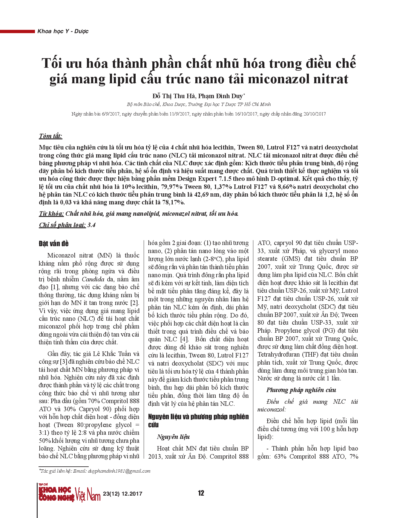 Tối ưu hóa thành phần chất nhũ hóa trong điều chế giá mang lipid cấu trúc nano tải miconazol nitrat