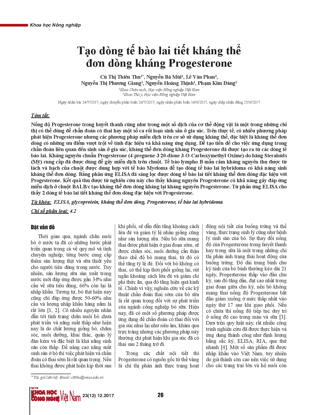 Tạo dòng tế bào lai tiết kháng thể đơn dòng kháng Progesterone