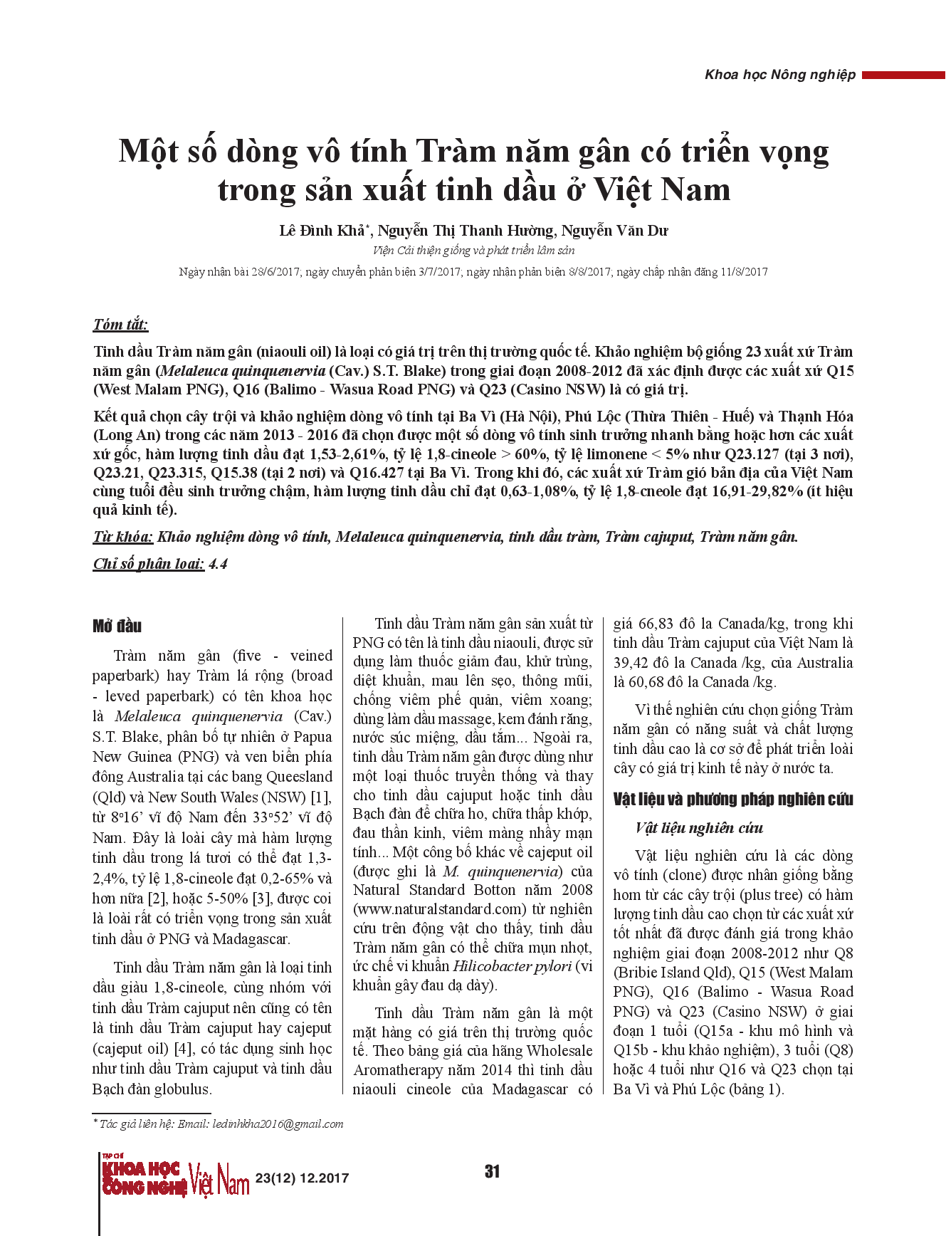 Một số dòng vô tính Tràm năm gân có triển vọng trong sản xuất tinh dầu ở Việt Nam