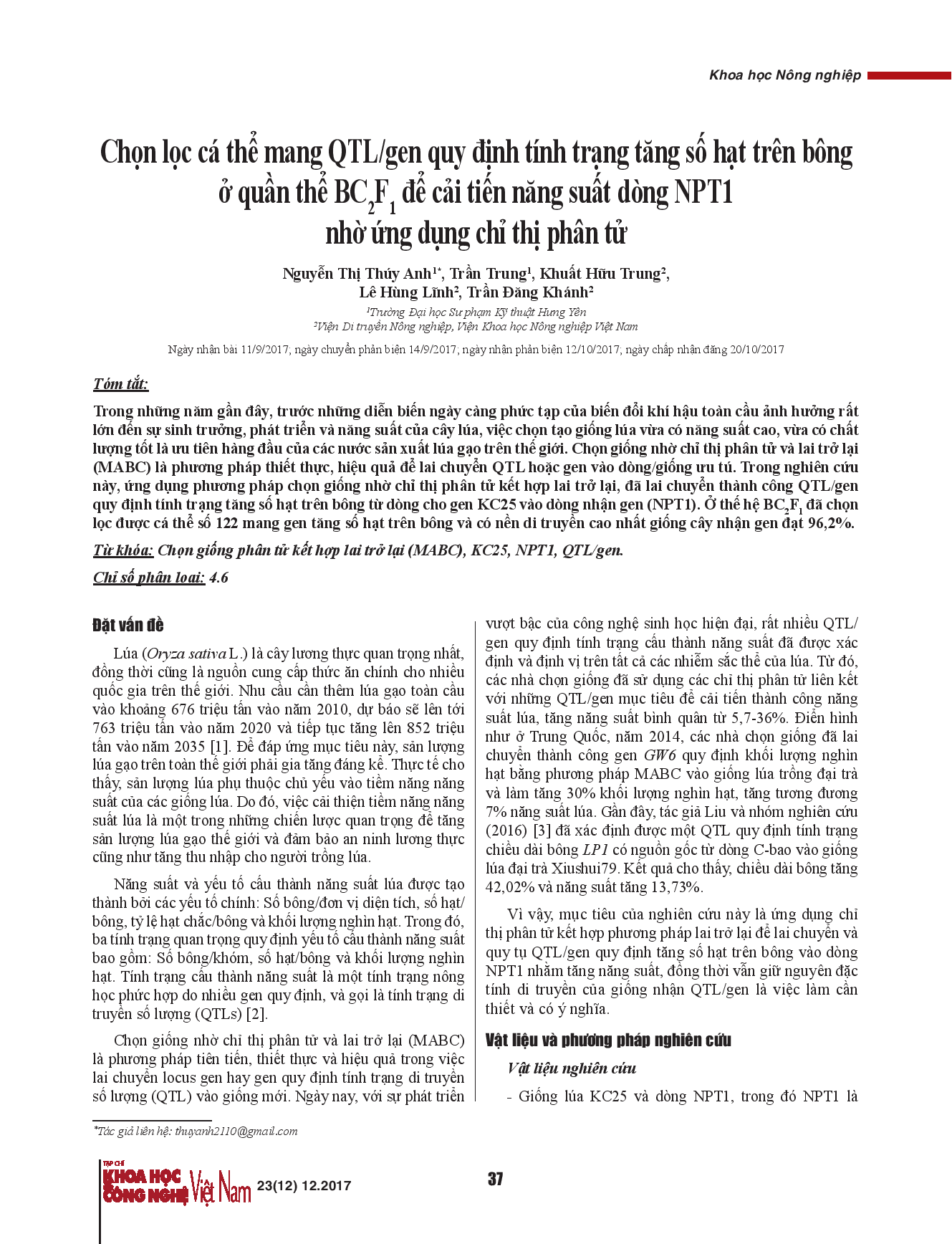 Chọn lọc cá thể mang QTL/gen quy định tính trạng tăng số hạt trên bông ở quần thể BC2F1 để cải tiến năng suất dòng NPT1 nhờ ứng dụng chỉ thị phân tử