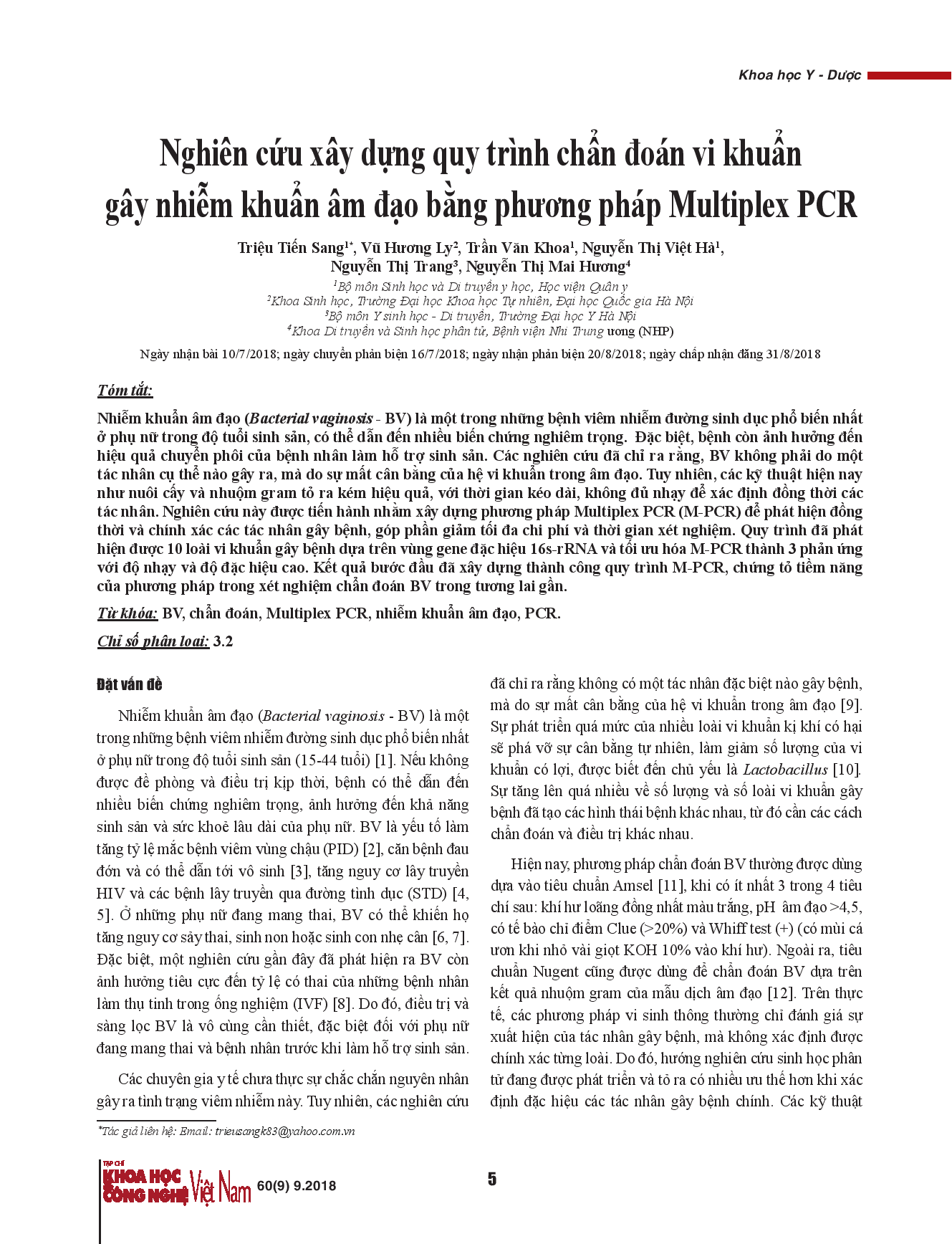 Nghiên cứu xây dựng quy trình chẩn đoán vi khuẩn gây nhiễm khuẩn âm đạo bằng phương pháp Multiplex PCR