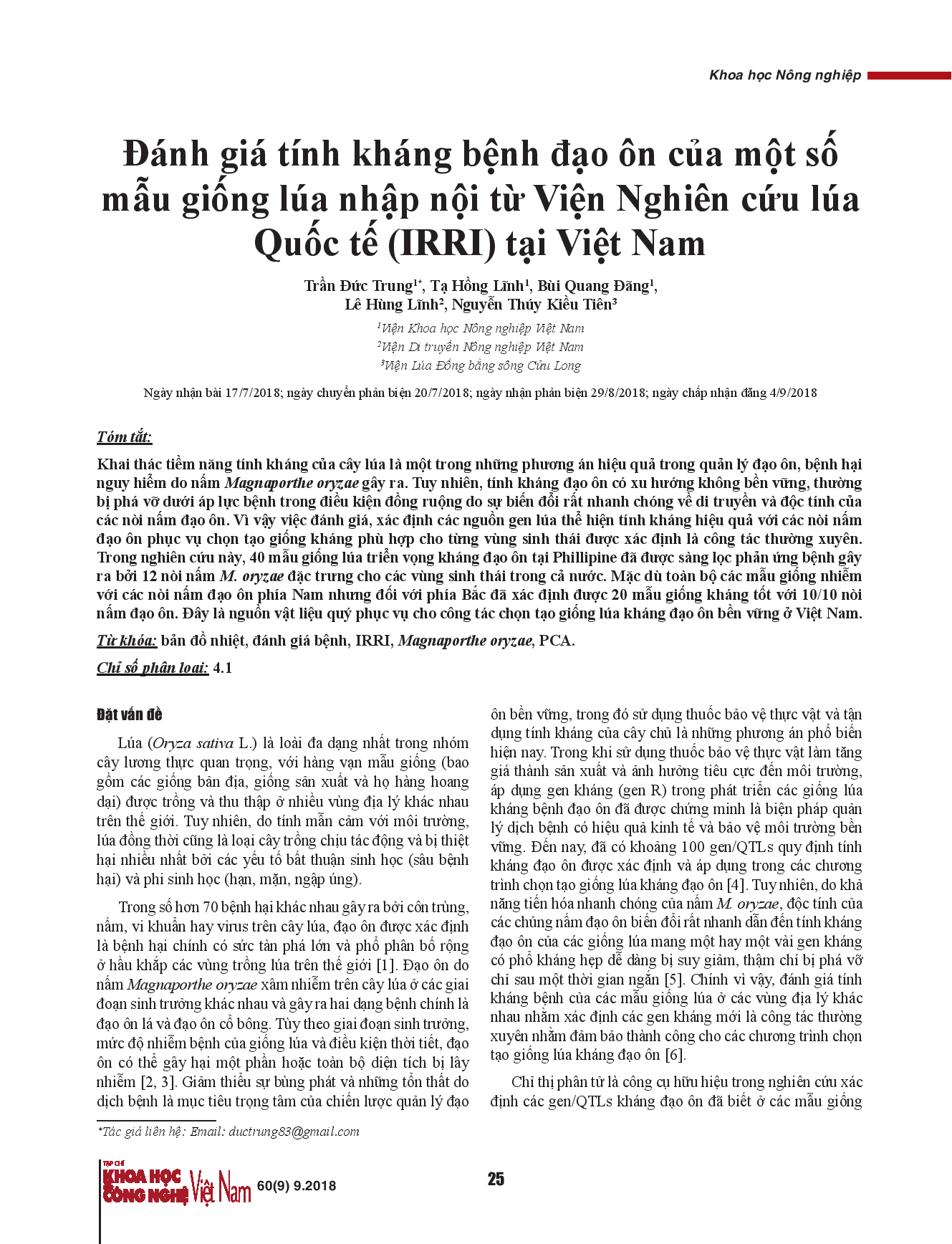 Đánh giá tính kháng bệnh đạo ôn của một số mẫu giống lúa nhập nội từ Viện Nghiên cứu lúa Quốc tế (IRRI) tại Việt Nam