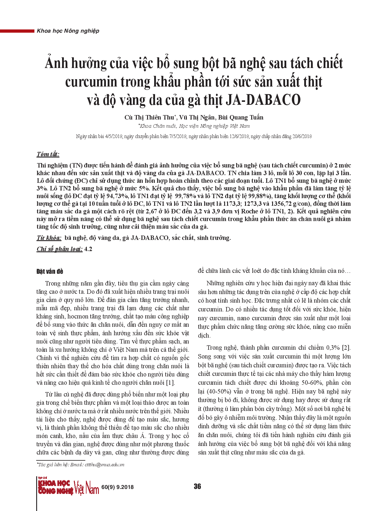 Ảnh hưởng của việc bổ sung bột bã nghệ sau tách chiết curcumin trong khẩu phần tới sức sản xuất thịt và độ vàng da của gà thịt JA-DABACO