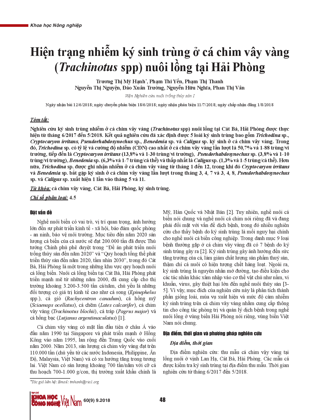 Hiện trạng nhiễm ký sinh trùng ở cá chim vây vàng (Trachinotus spp) nuôi lồng tại Hải Phòng