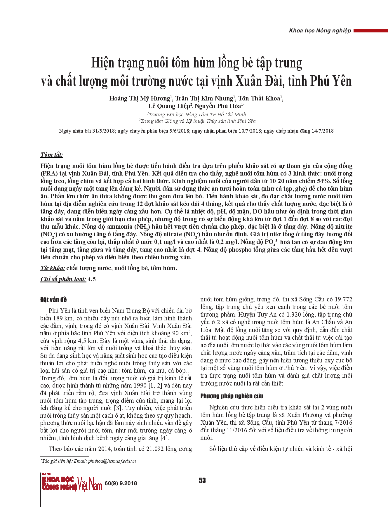 Hiện trạng nuôi tôm hùm lồng bè tập trung và chất lượng môi trường nước tại vịnh Xuân Đài, tỉnh Phú Yên