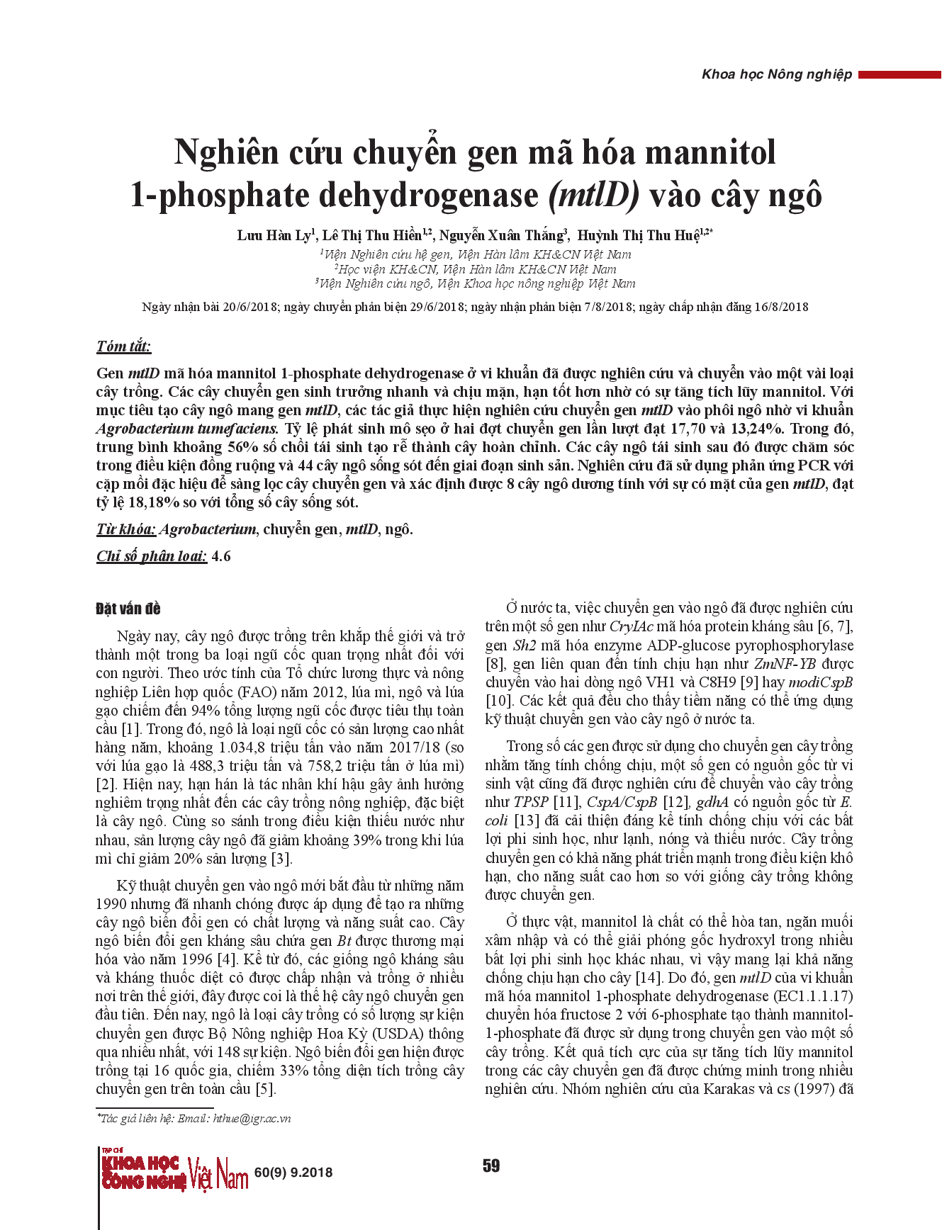 Nghiên cứu chuyển gen mã hóa mannitol 1-phosphate dehydrogenase (mtlD) vào cây ngô