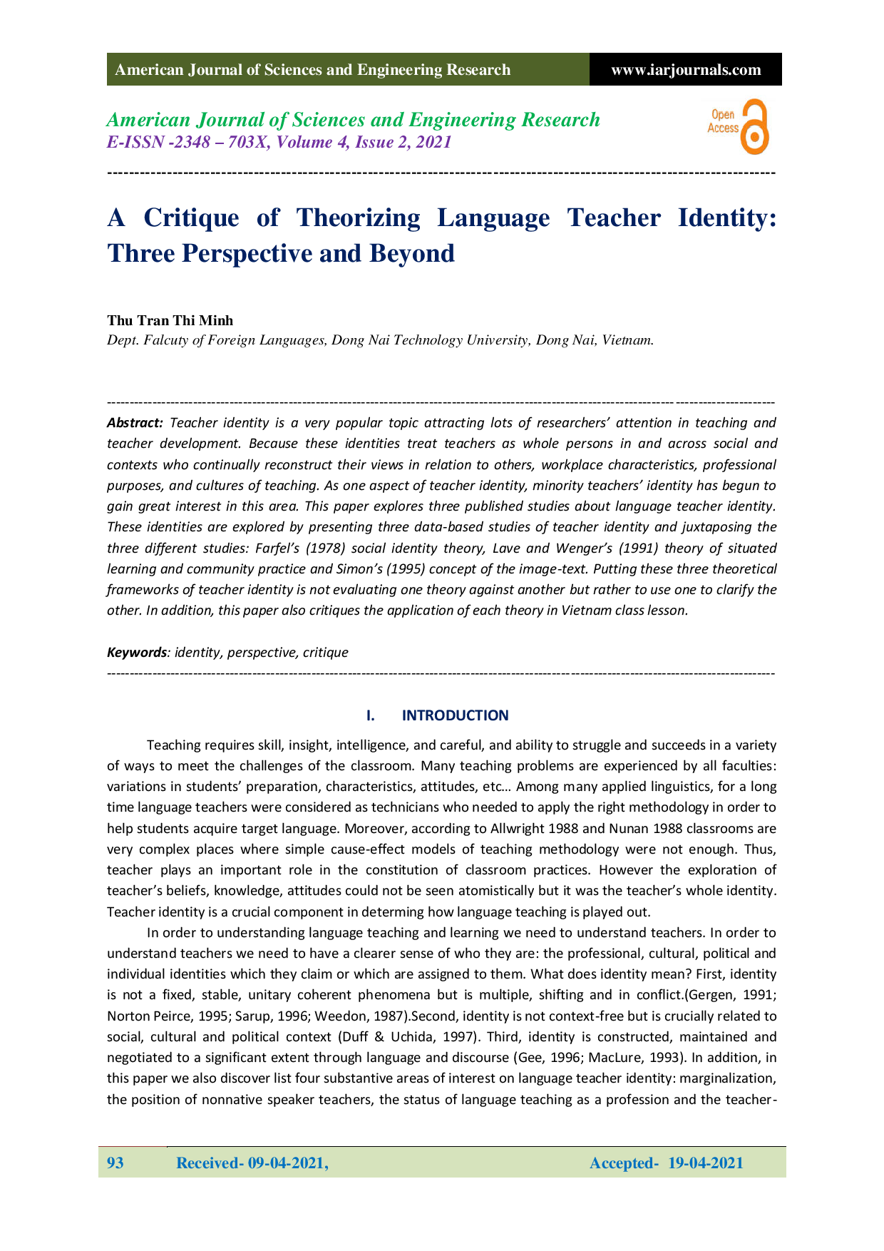 A Critique of Theorizing Language Teacher Identity: Three Perspective and Beyond.
(Bài luận về đặc tính của giáo viên ngôn ngữ: ba góc nhìn và xa hơn)