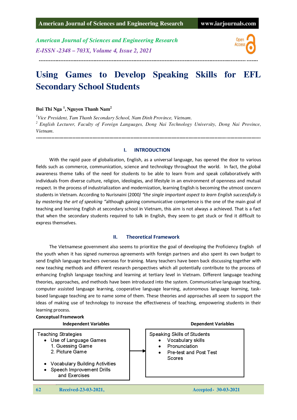 Using Games to Develop Speaking Skills for EFL Secondary School Students 
(Sử dụng trò chơi để phát triển kĩ năng Nói cho học sinh học Tiếng Anh ở trường cấp 2)