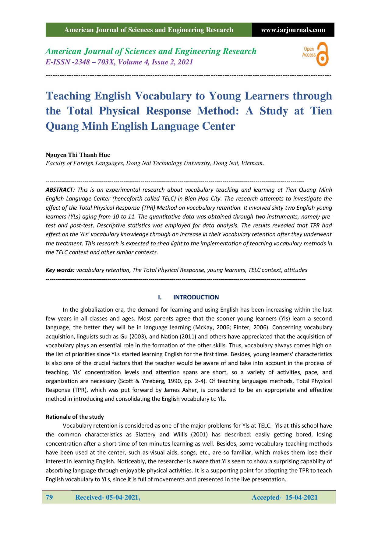 Teaching English Vocabulary to Young Learners through the Total Physical Response Method: A Study at Tien Quang Minh English Language Center (Dạy tự vựng tiếng Anh cho trẻ em qua phương pháp phản xạ toàn thân: Một nghiên cứu tại Trung tâm Ngoại ngữ tiếng Anh Tiên Quang Minh)