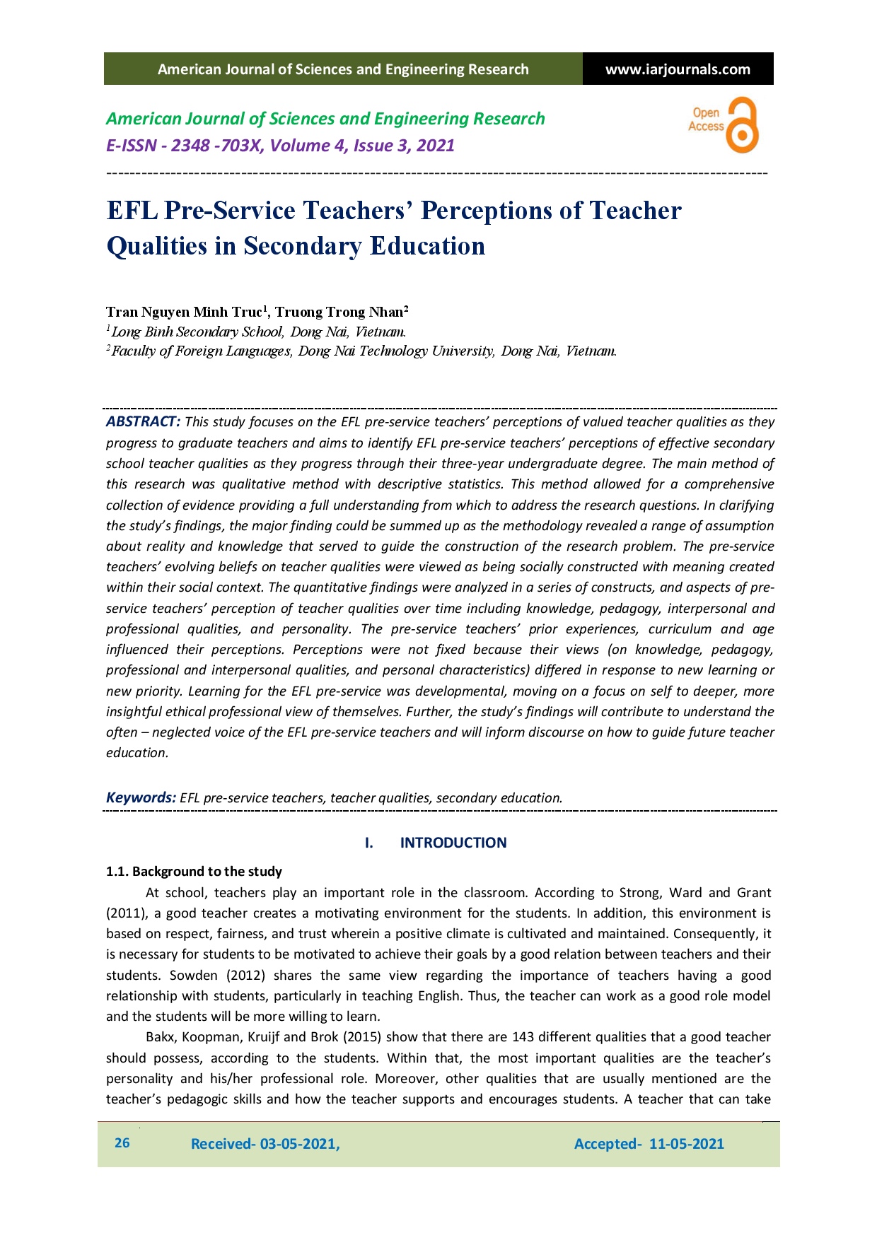 EFL Pre-Service Teachers’ Perceptions of Teacher Qualities in Secondary Education.
(Nhận thức của Giáo sinh thực tập giảng dạy Tiếng Anh là ngoại ngữ về phẩm chất của giáo viên trong Giáo dục trung học)