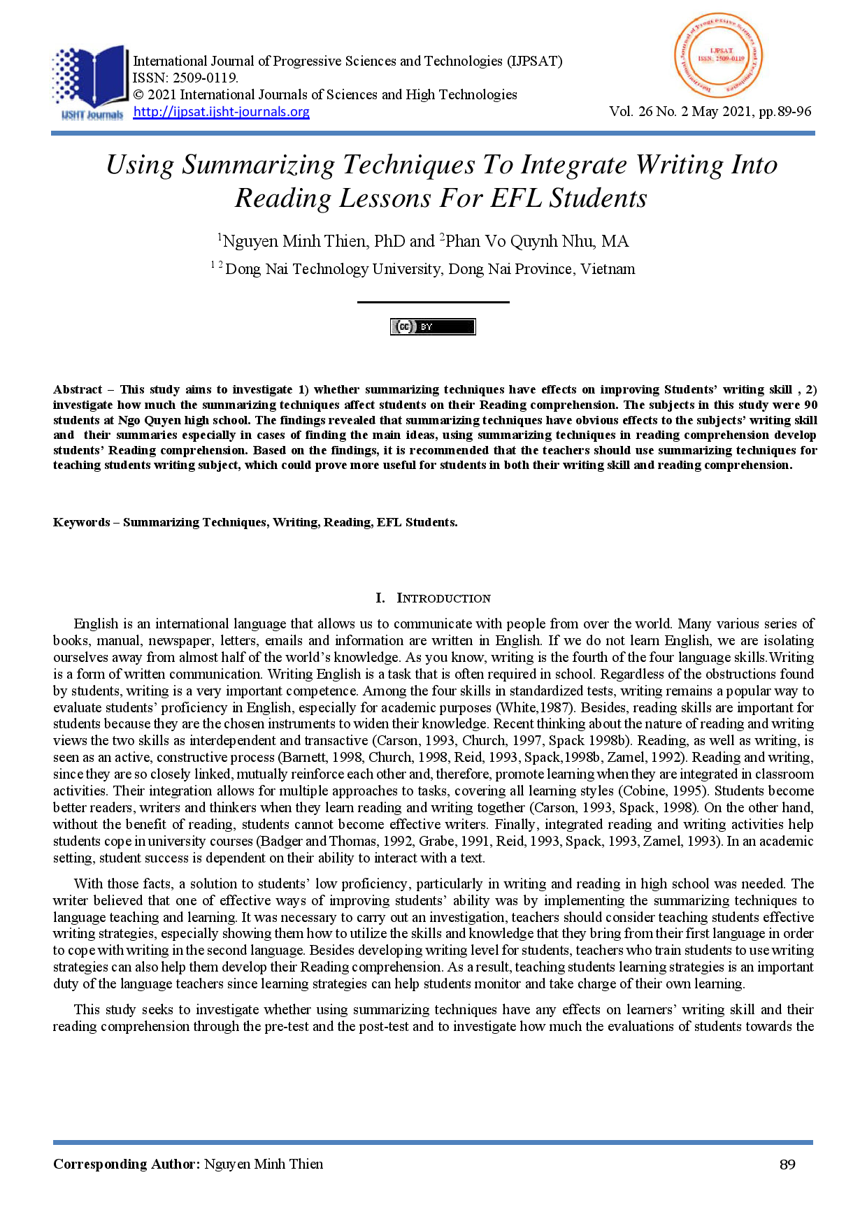 Using Summarizing Techniques to Integrate Writing into Reading Lessons for EFL Students.
(Sử dụng kỹ thuật viết tóm tắt tích hợp vào bài đọc hiểu cho sinh viên EFL)