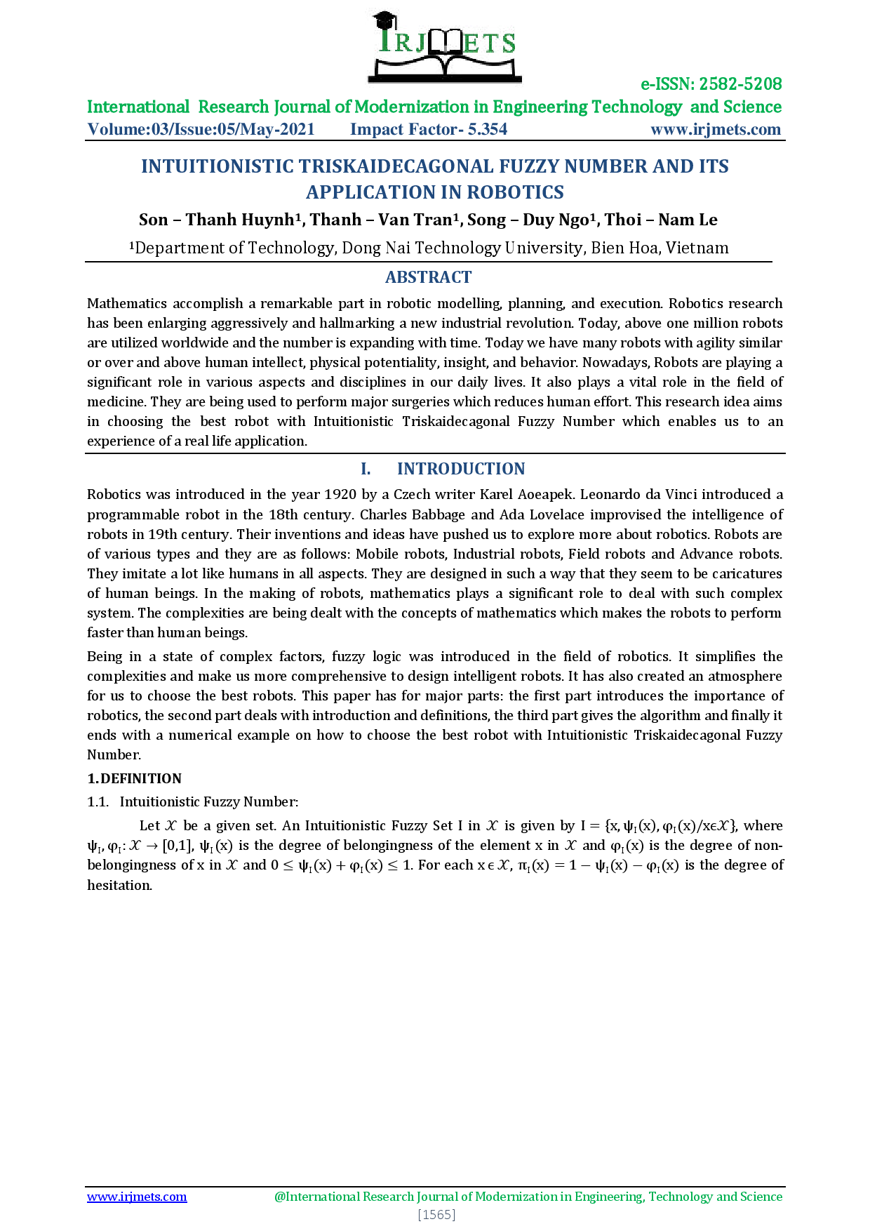 Intuitionistic triskaidecagonal fuzzy number and its application in robotics.
(Nghiên cứu thuật toán Fuzzy truyền thống ứng dụng trong Robot)