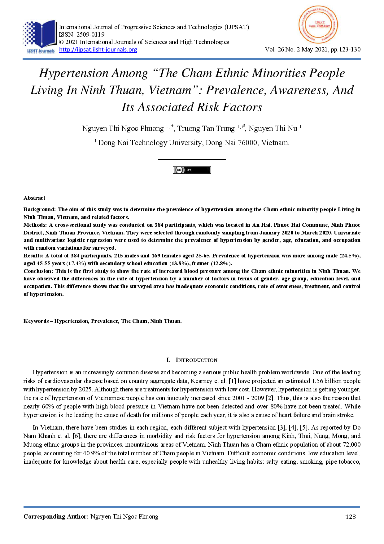 Hypertension Among “The Cham Ethnic Minorities People Living In Ninh Thuan, Vietnam”: Prevalence, Awareness, And Its Associated Risk Factors.
(Tăng huyết áp “Người dân tộc Chăm sống ở Ninh Thuận - Việt Nam”: Mức độ phổ biến, nhận thức và các yếu tố liên quan)