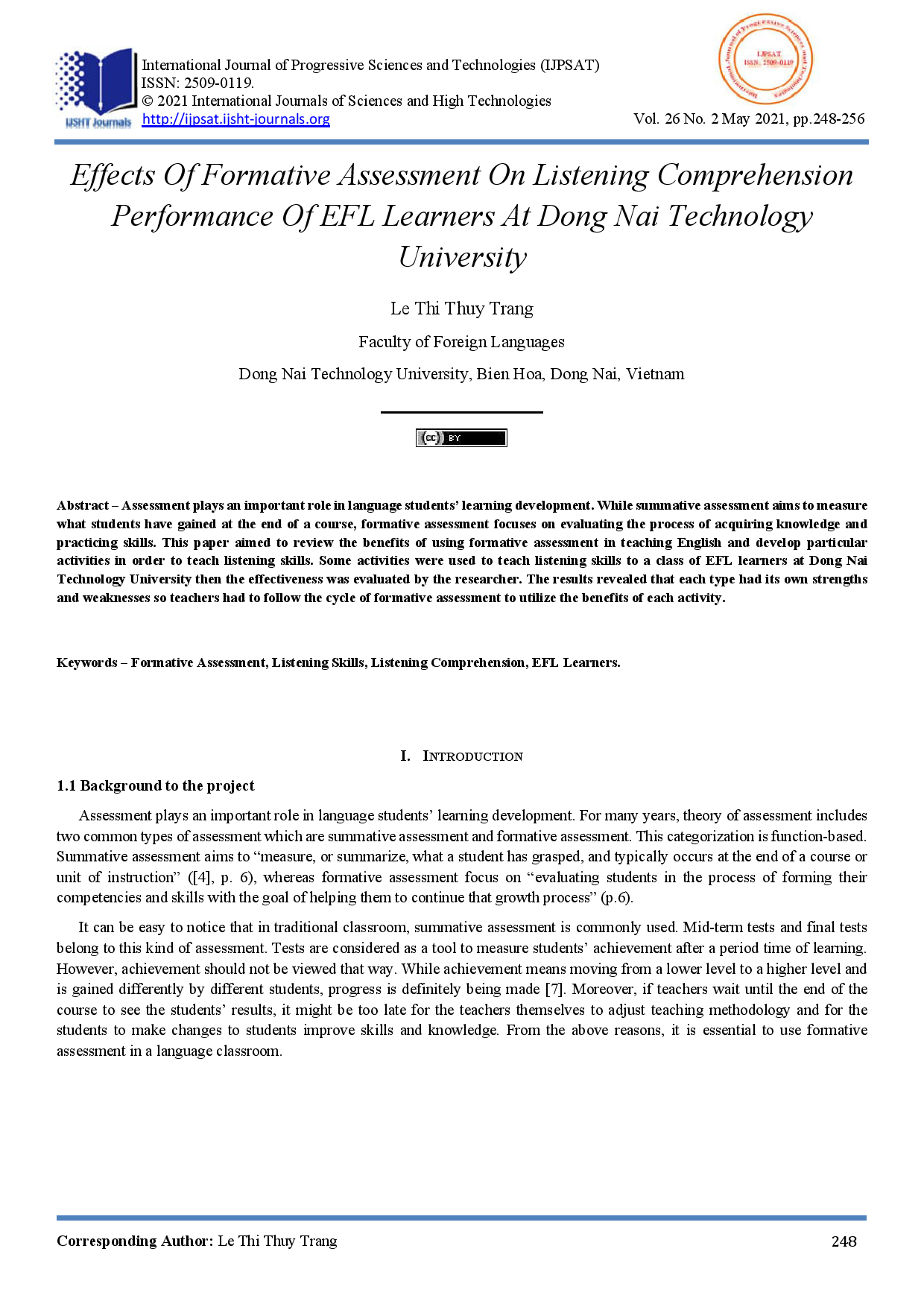 Effects Of Formative Assessment On Listening Comprehension Performance Of EFL Learners At Dong Nai Technology University.
(Tác động của việc đánh giá quá trình đến kỹ năng nghe hiểu của sinh viên tại trường Đại học Công nghệ Đồng Nai)