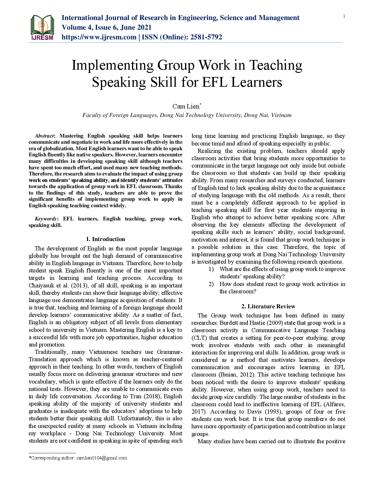 Implementing Group Work in Teaching Speaking Skill for EFL Learners (Ứng dụng làm việc nhóm để giảng dạy kĩ năng nói cho sinh viên chuyên ngành tiếng Anh)