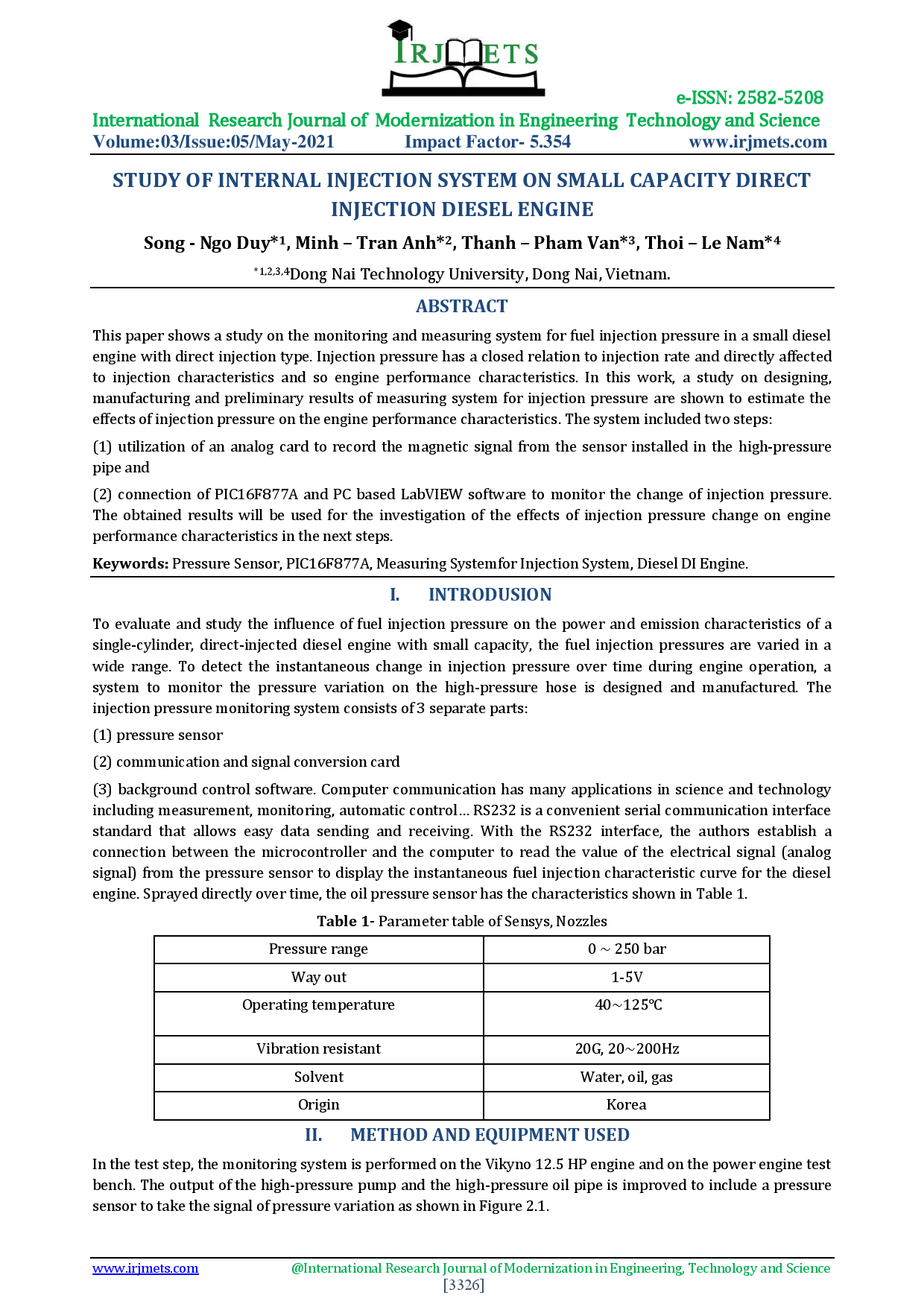 Study of internal injection system on small capacity direct injection diesel engine  (Nghiên cứu hệ thống đo áp suất phun trong động cơ diesel phun trực tiếp công suất nhỏ)