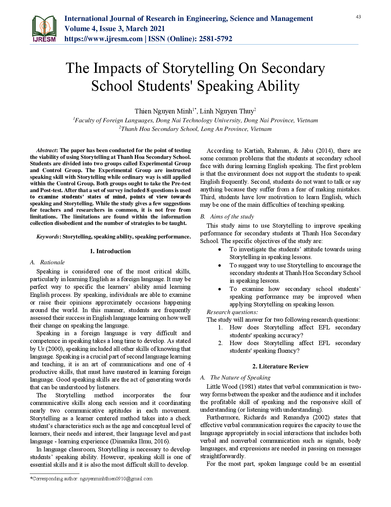 The Impacts of Storytelling On Secondary School Students'' Speaking Ability.
(Tác động của phương pháp kể chuyện vào khả năng nói tiếng anh của học sinh THCS)