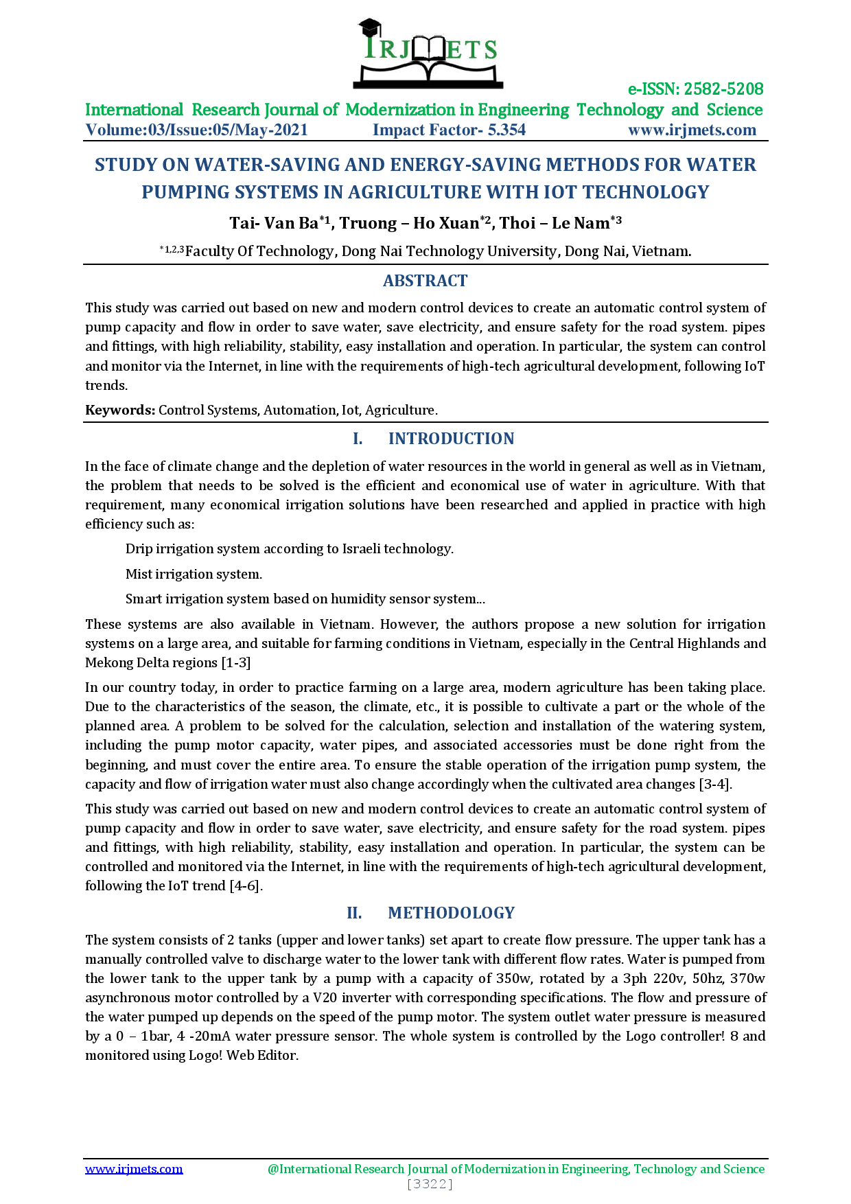 Study on water-saving and energy-saving methods for water pumping systems in agriculture with iot technology
(Nghiên cứu phương pháp tiết kiệm nước, tiết kiệm năng lượng cho hệ thống bơm trong nông nghiệp theo IoT)