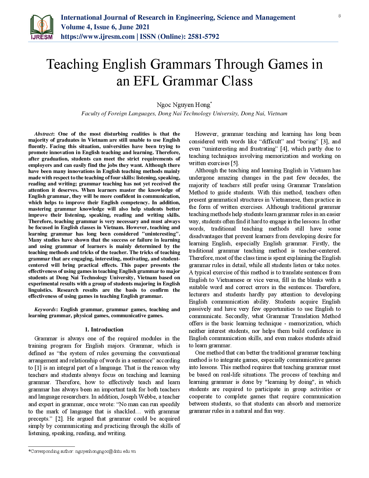 Teaching English Grammars Through Games in an EFL Grammar Class 
(Dạy ngữ pháp thông qua trò chơi cho sinh viên)