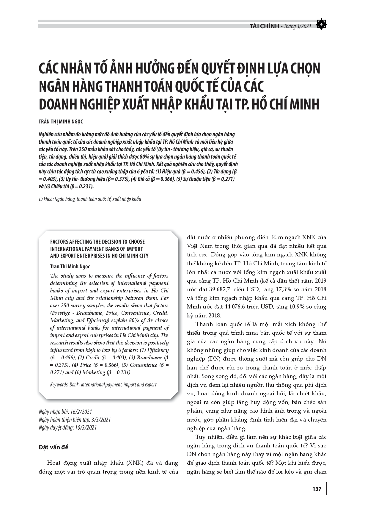 Các yếu tố ảnh hưởng đến quyết định lựa chọn các ngân hàng thanh toán của các Doanh nghiệp xuất nhập khẩu tại Tp.HCM