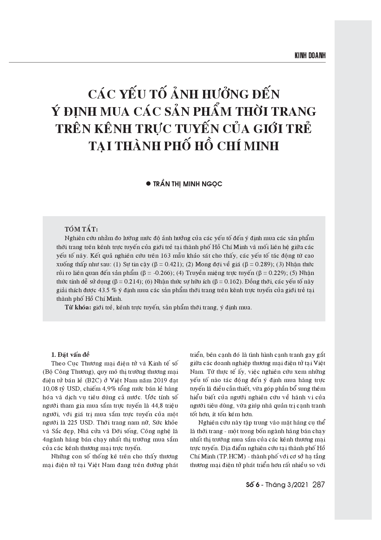 Các yếu tố ảnh hưởng đến ý định mua các sản phẩm thời trang trên kênh trực tuyến của giới trẻ tại Tp.HCM