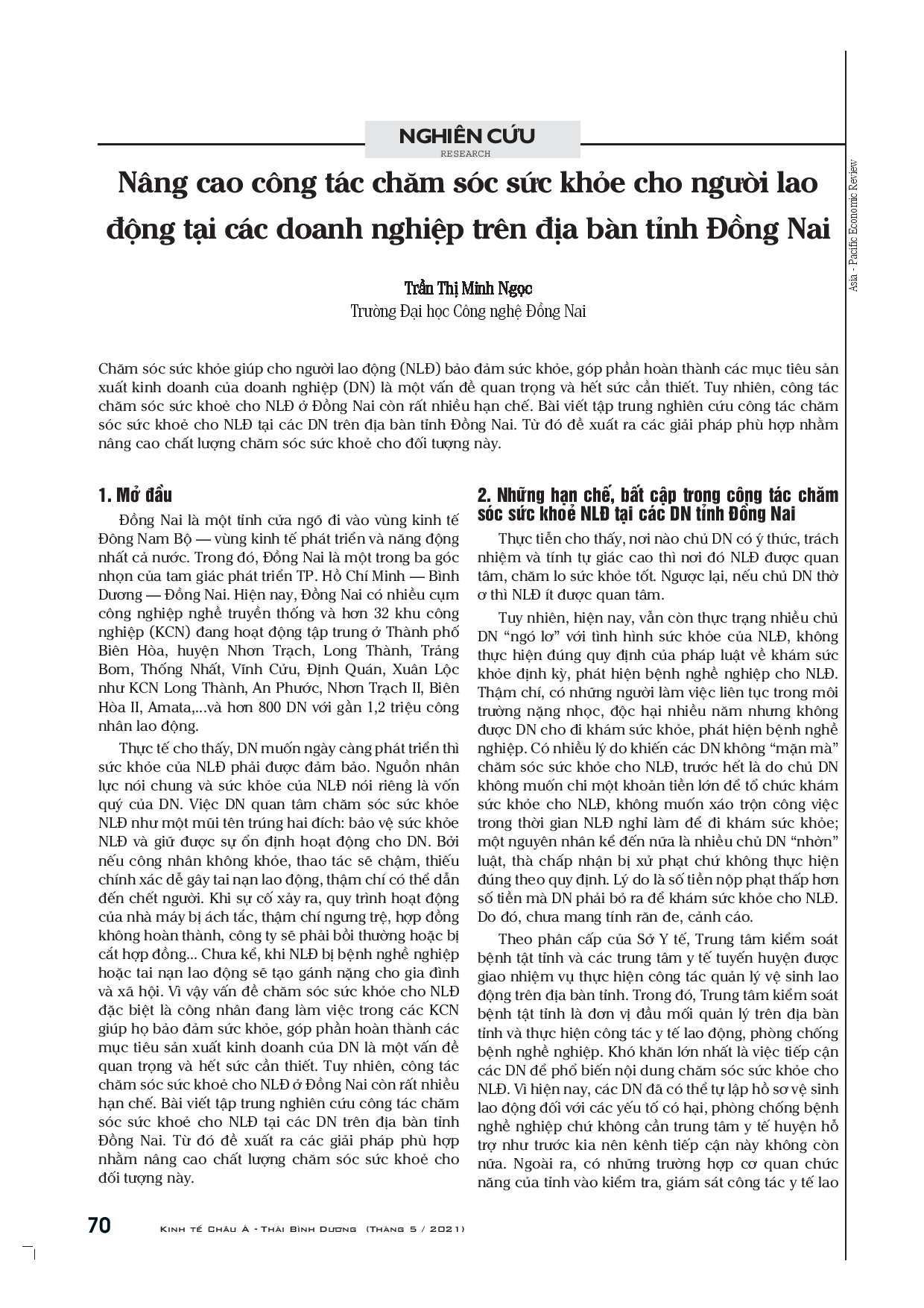 Nâng cao công tác chăm sóc sức khoẻ cho người lao động tại các doanh nghiệp trên địa bàn tình Đồng Nai