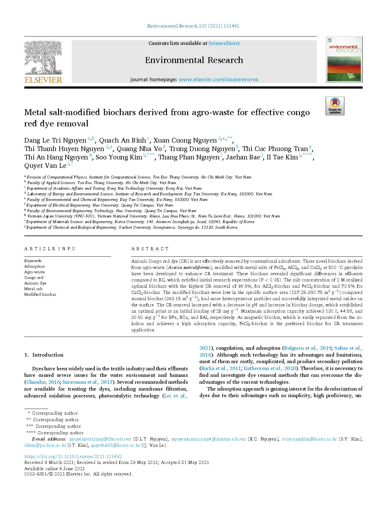 Metal salt-modifed biochars derived from agro-waste for effective congo red dye removal.
(Than sinh học biến đổi với muối kim loại có nguồn gốc từ chất thải nông nghiệp để loại bỏ hiệu quả thuốc nhuộm đỏ Congo)