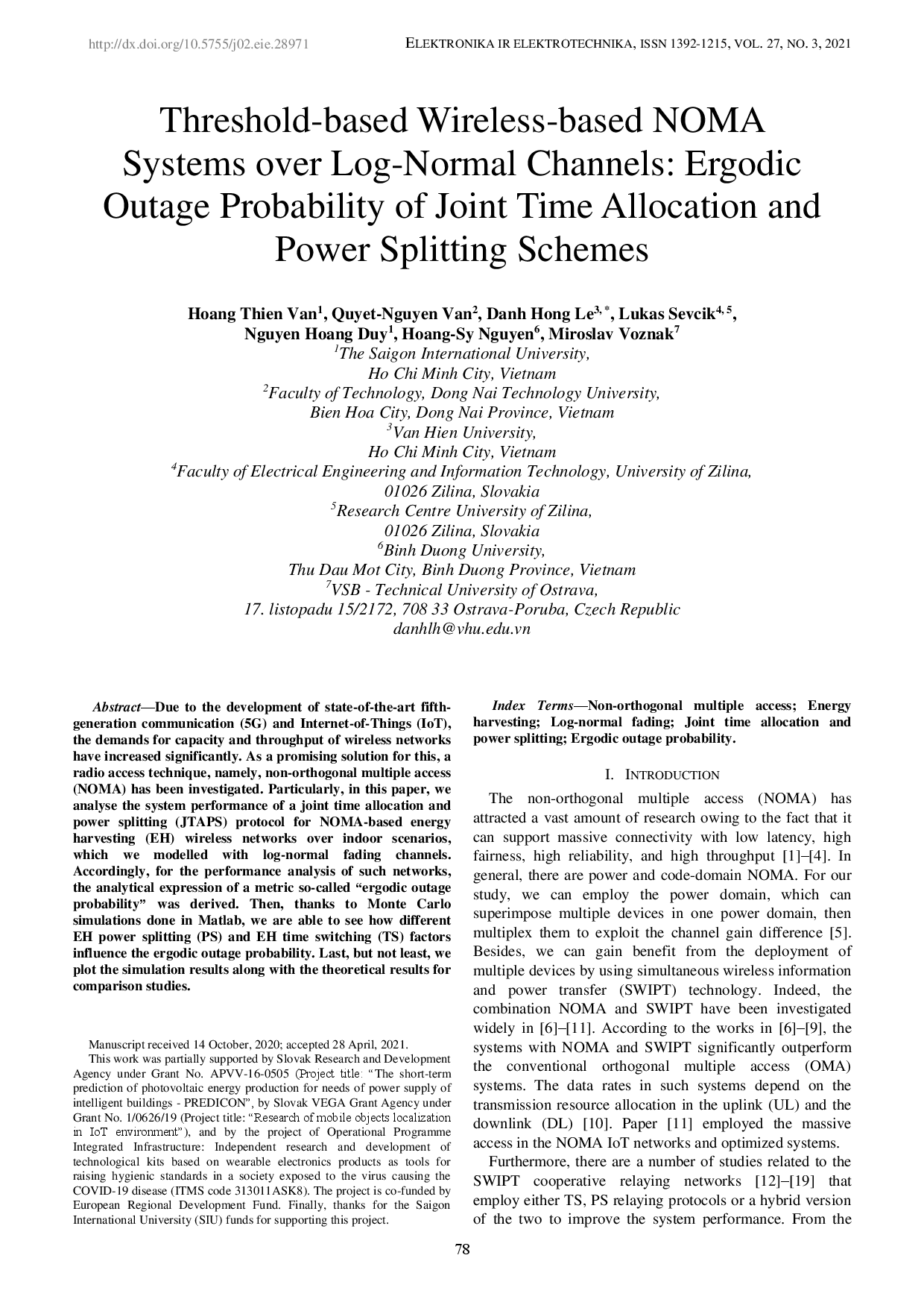 Threshold-based Wireless-based NOMA Systems over Log-Normal Channels: Ergodic Outage Probability of Joint Time Allocation and Power Splitting Schemes
(Hệ thống NOMA  không dây dựa trên ngưỡng các kênh ghi nhật ký bình thường: Xác suất mất điện ổn định của